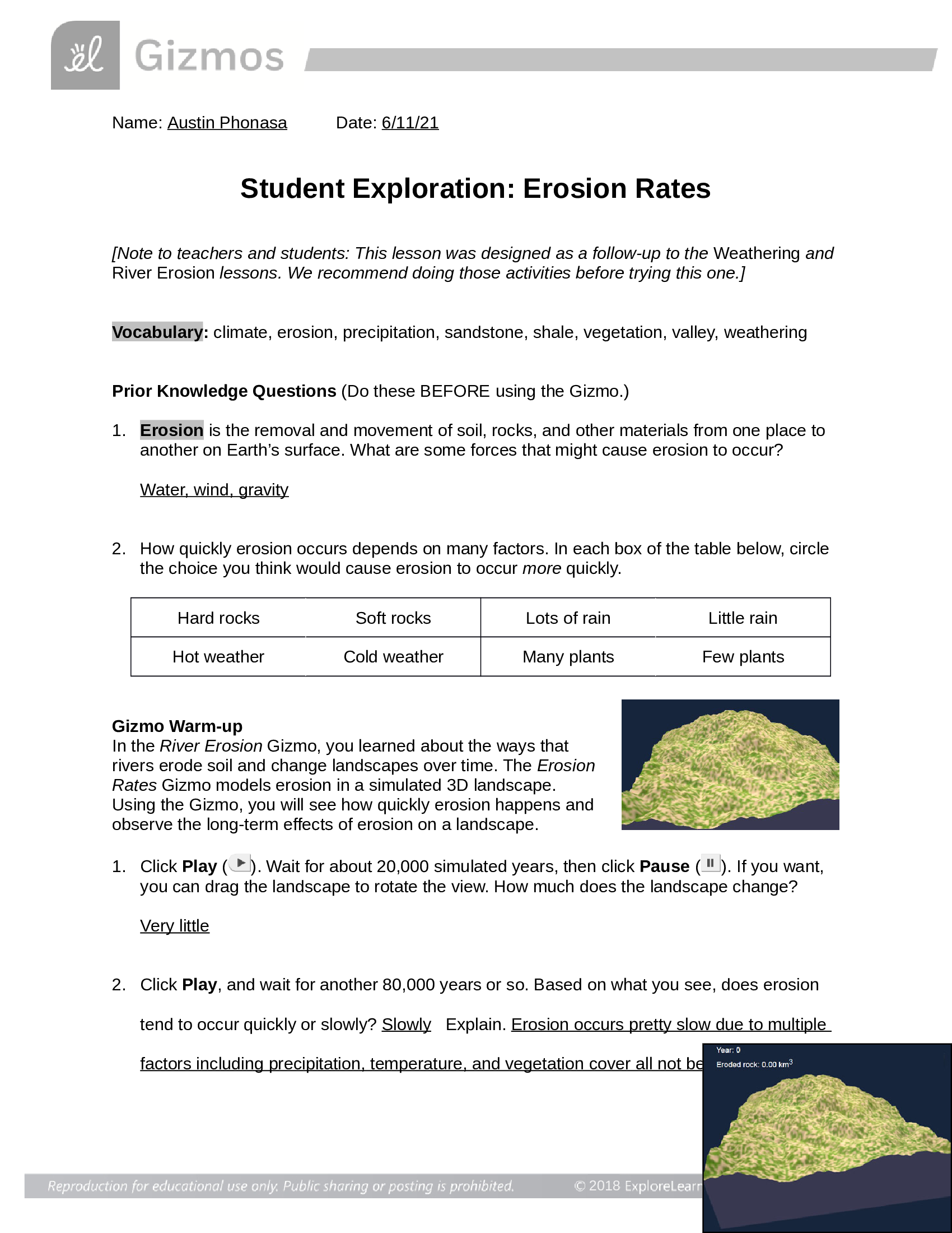 Gizmos -Erosion Rates - updated answer key 2022