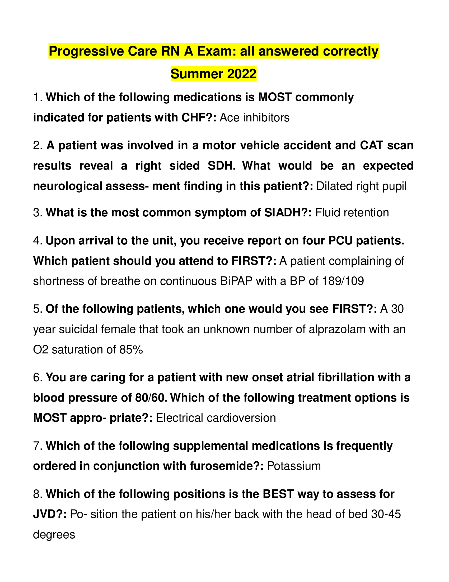 Progressive Care RN A Exam, all answered correctly Summer 2022