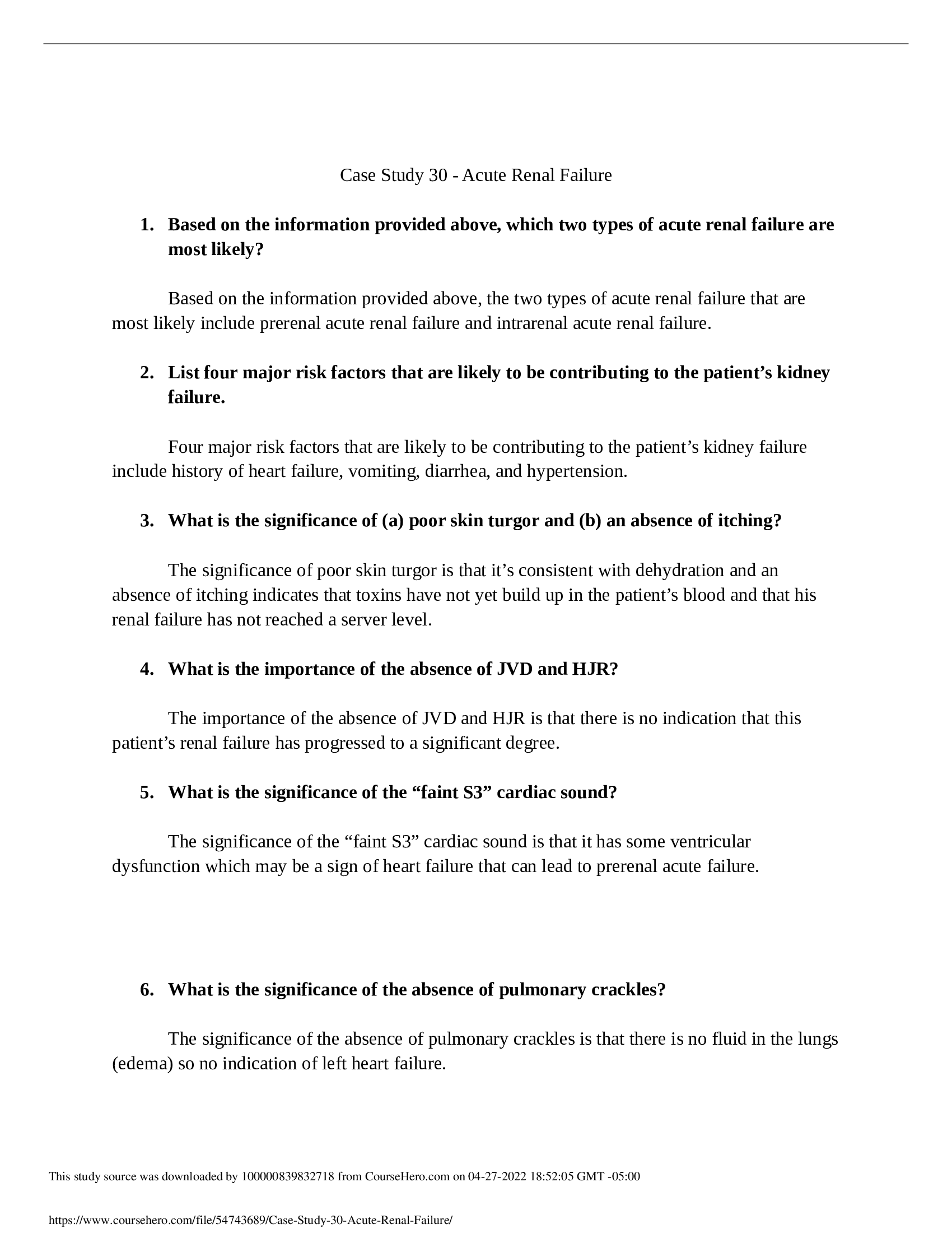 HCR 240 Case Study 30 - Acute Renal Failure