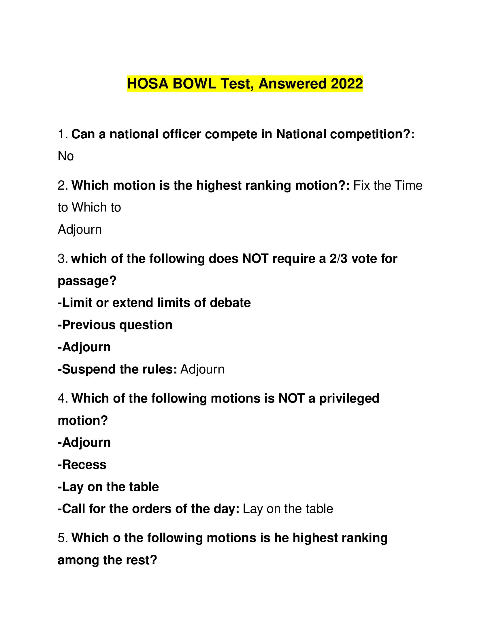 HOSA BOWL Test: Answered 2022