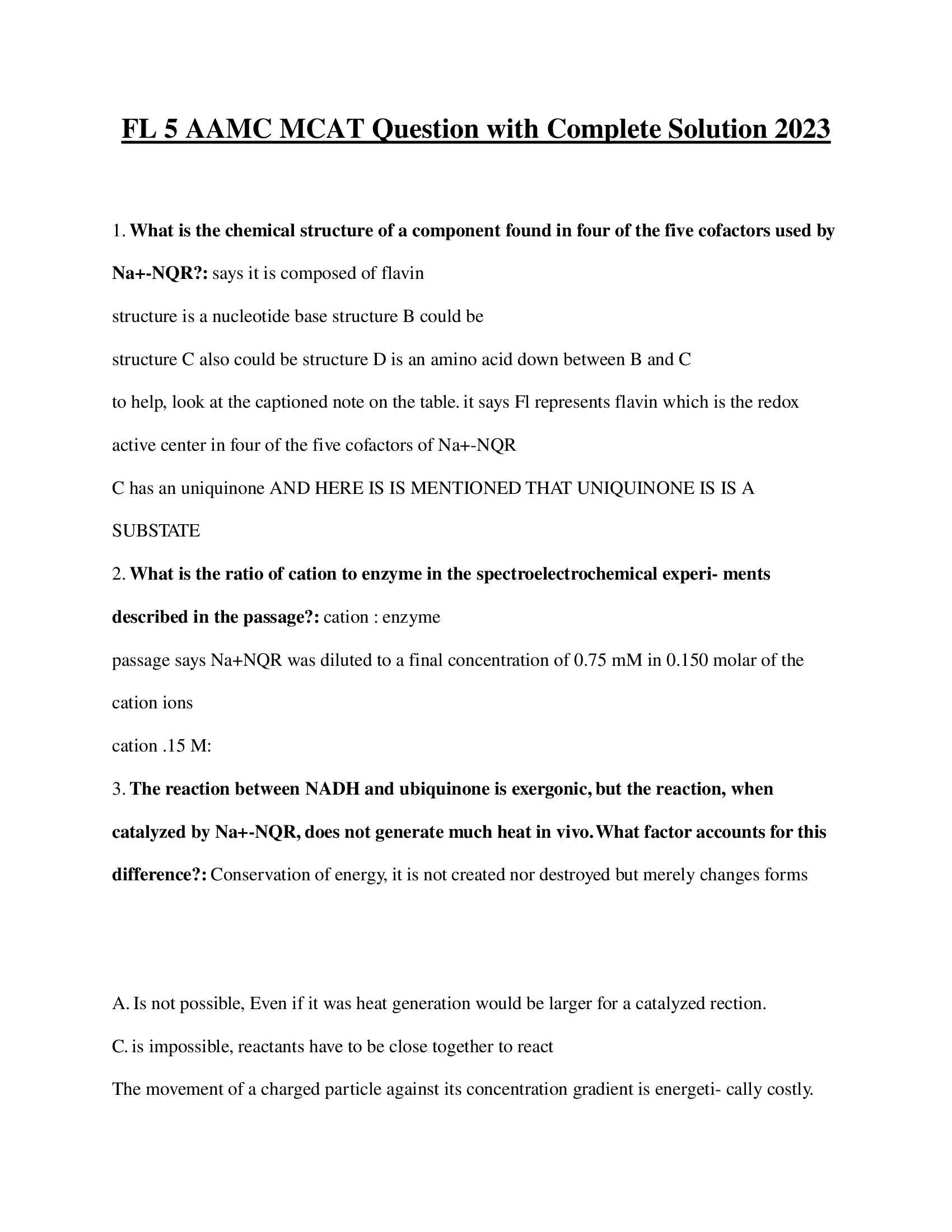 FL 5 AAMC MCAT Question with Complete Solution 2023