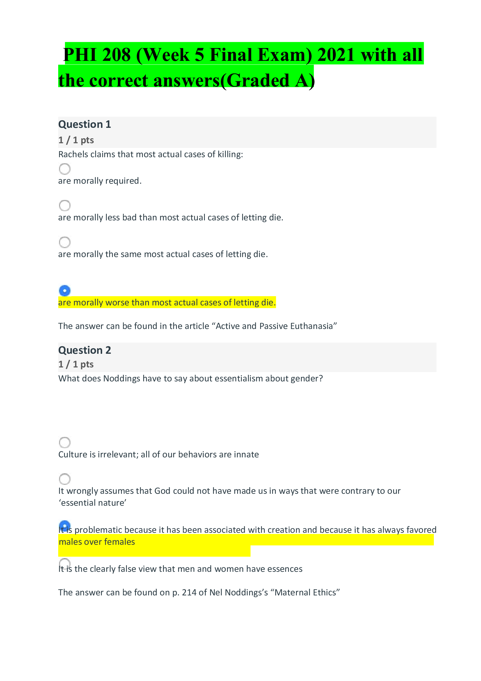 PHI 208 (Week 5 Final Exam) 2021 with all the correct answers(Graded A)