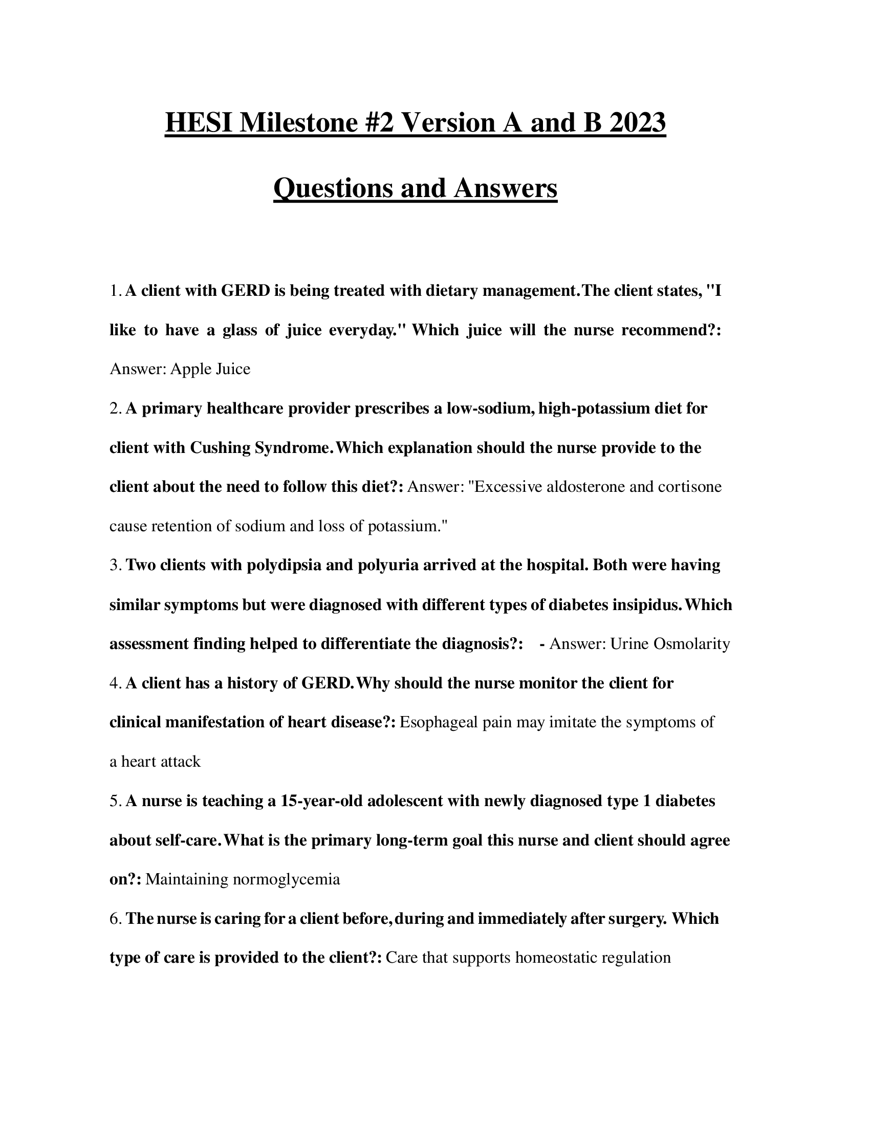 HESI Milestone 2 Version A and B Questions and Answers 2023