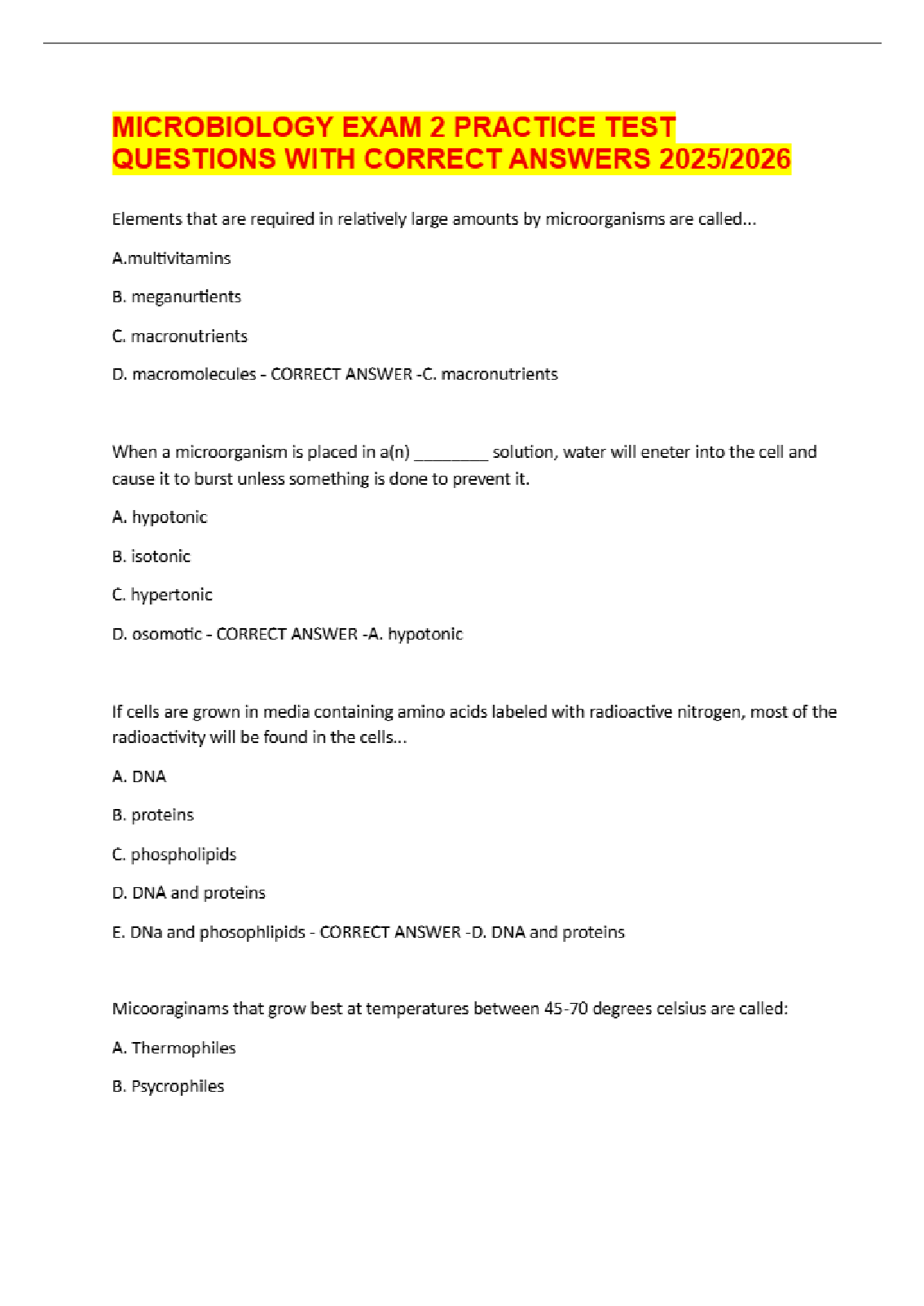 Microbiology Exam 2 Practice Test Questions With Correct Answers Latest 2026
