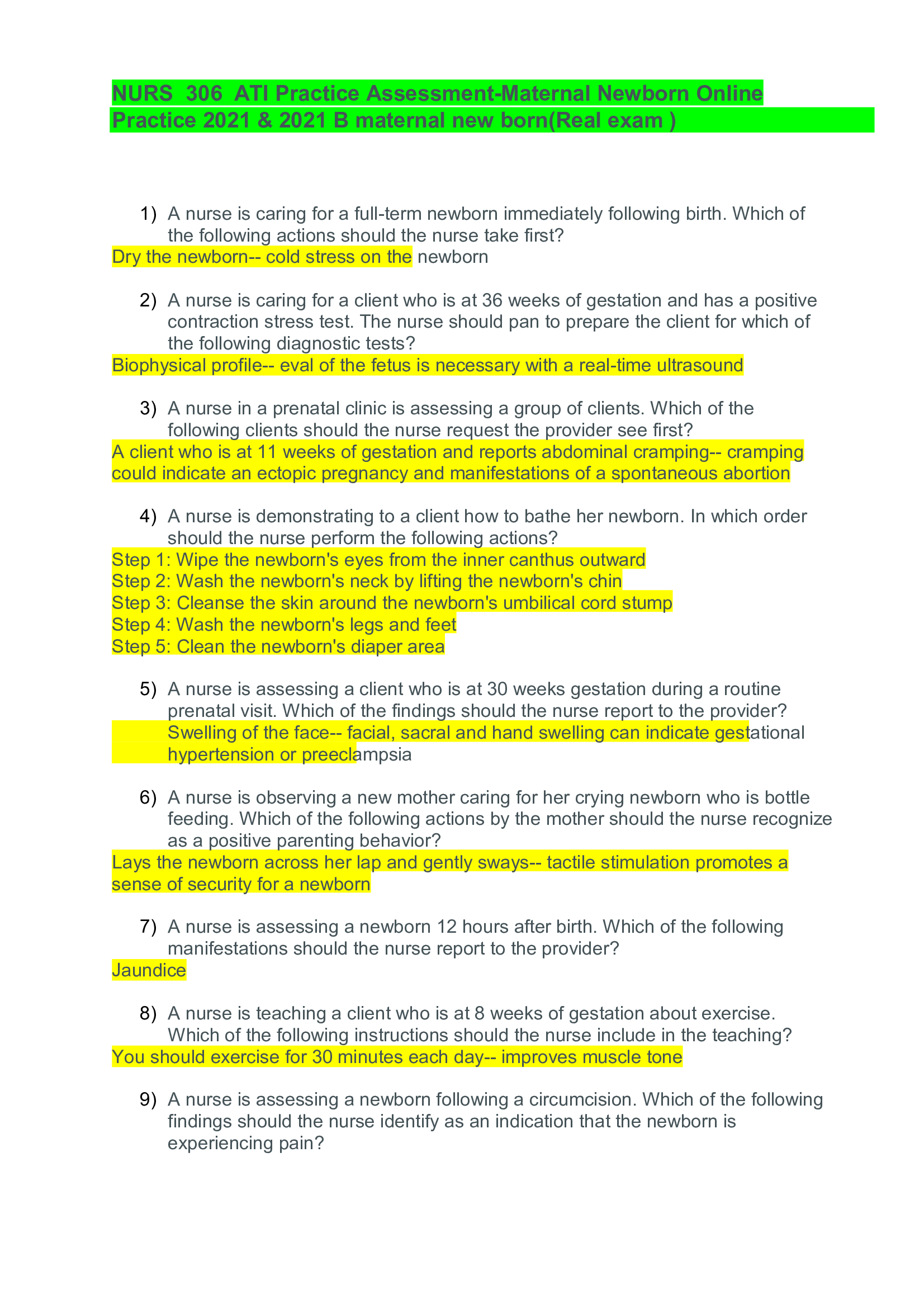 NURS 306 ATI Practice Assessment-Maternal Newborn Online Practice 2021 A and B maternal new born(Real exam)