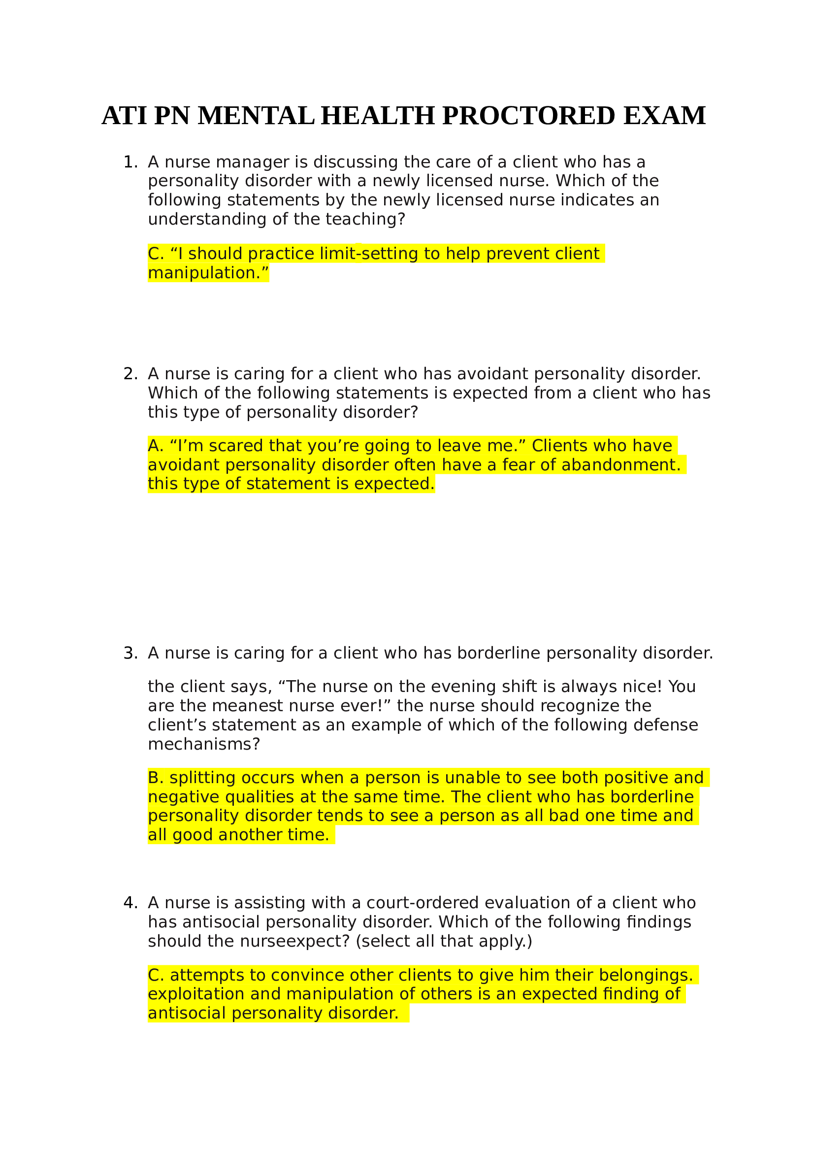 ATI PN Mental Health Proctored Exam 2026 | Questions and Answers