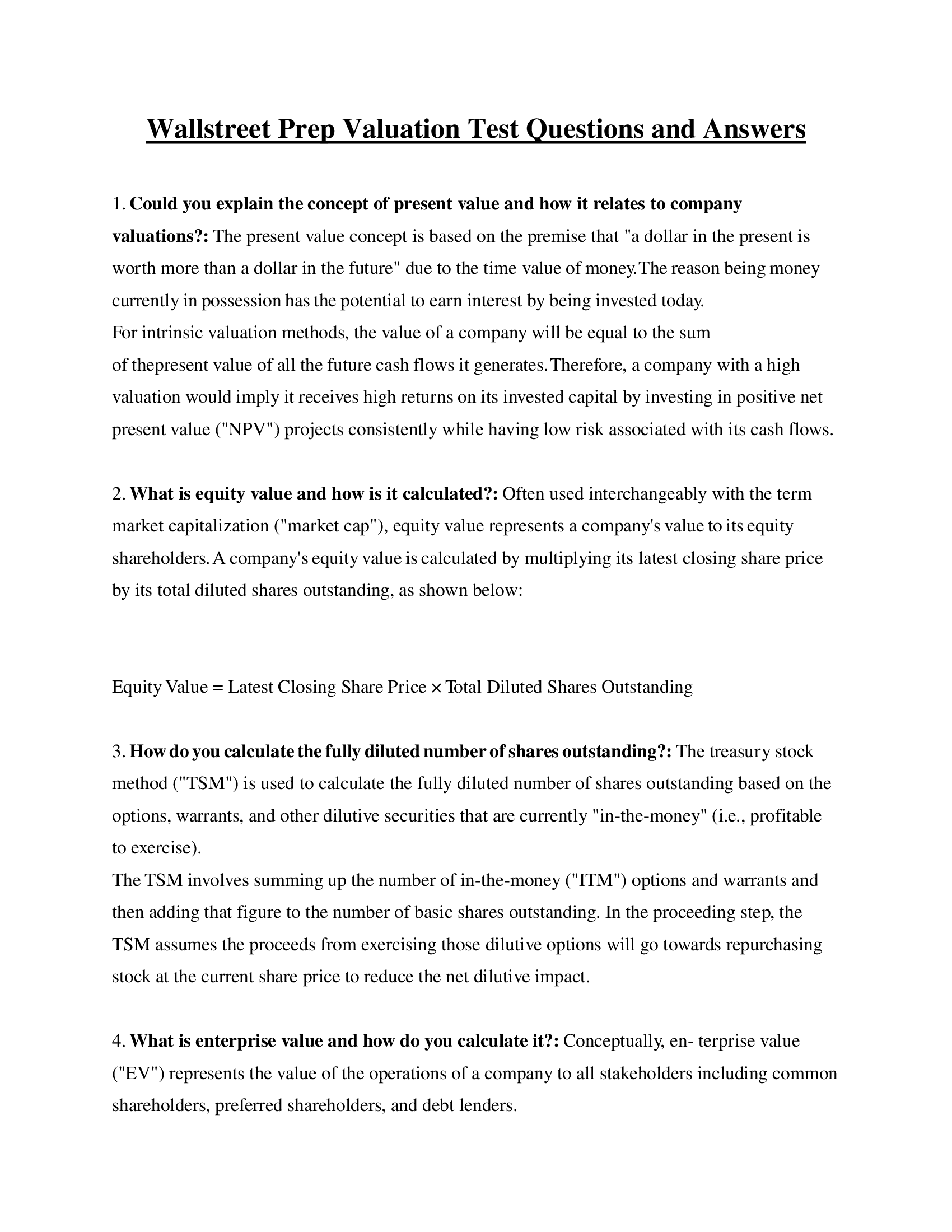 Wallstreet Prep Valuation Test Questions and Answers 2023