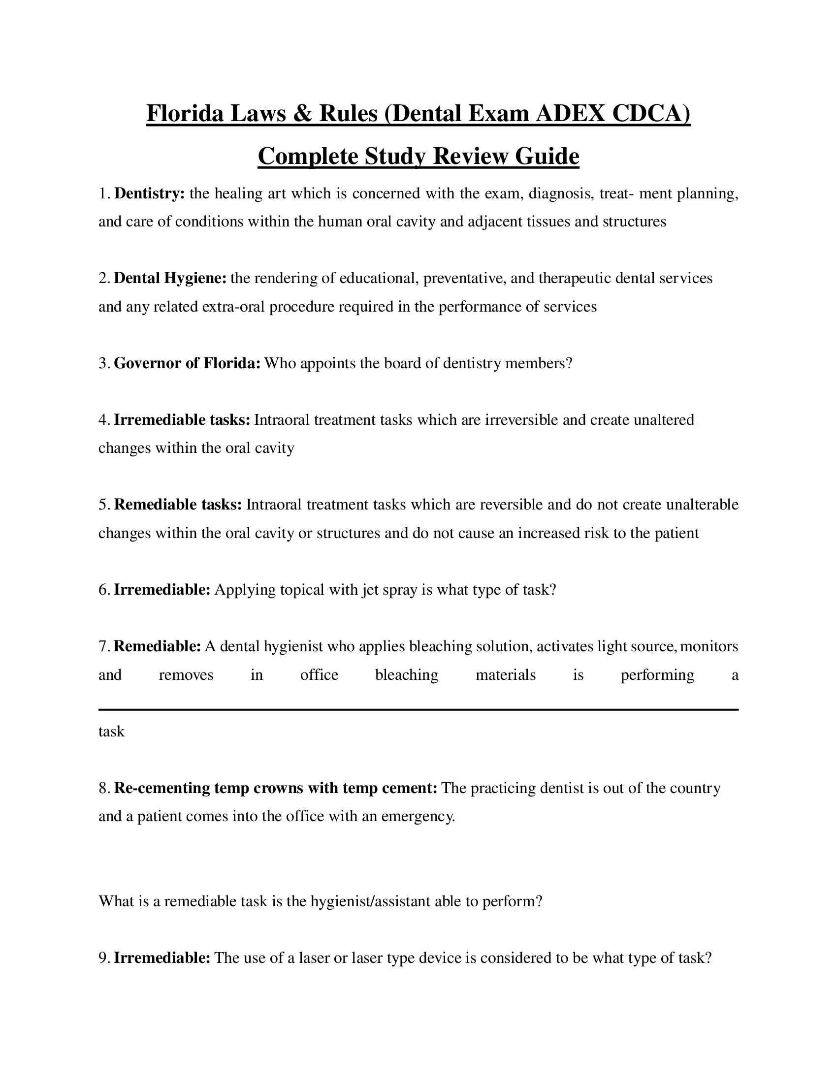 Florida Laws & Rules (Dental Exam ADEX CDCA) Complete Study Review Guide 2023