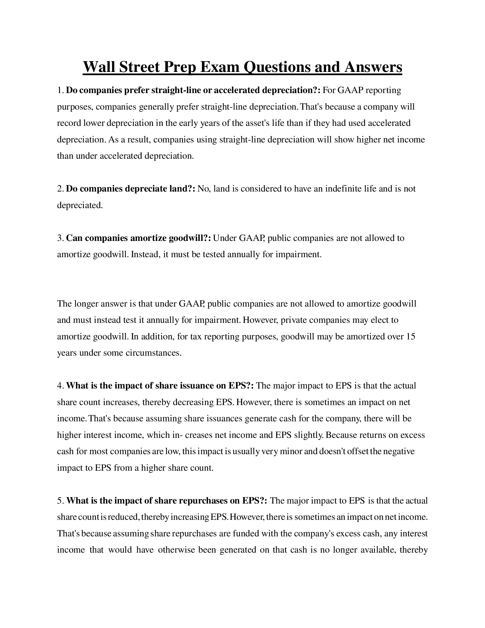 Wall Street Prep Exam Questions and Answers