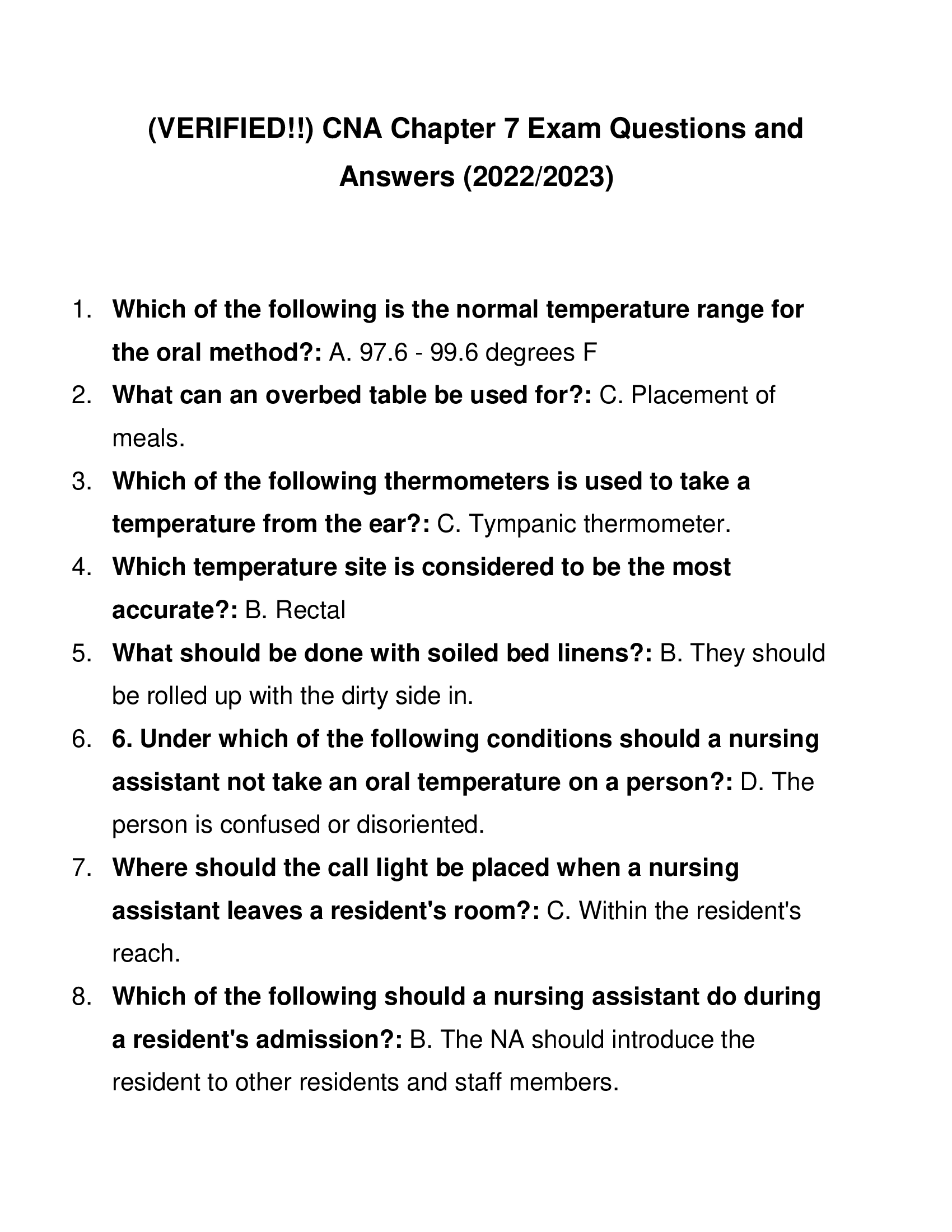 (VERIFIED!!) CNA Chapter 7 Exam Questions and Answers (2022, 2023)