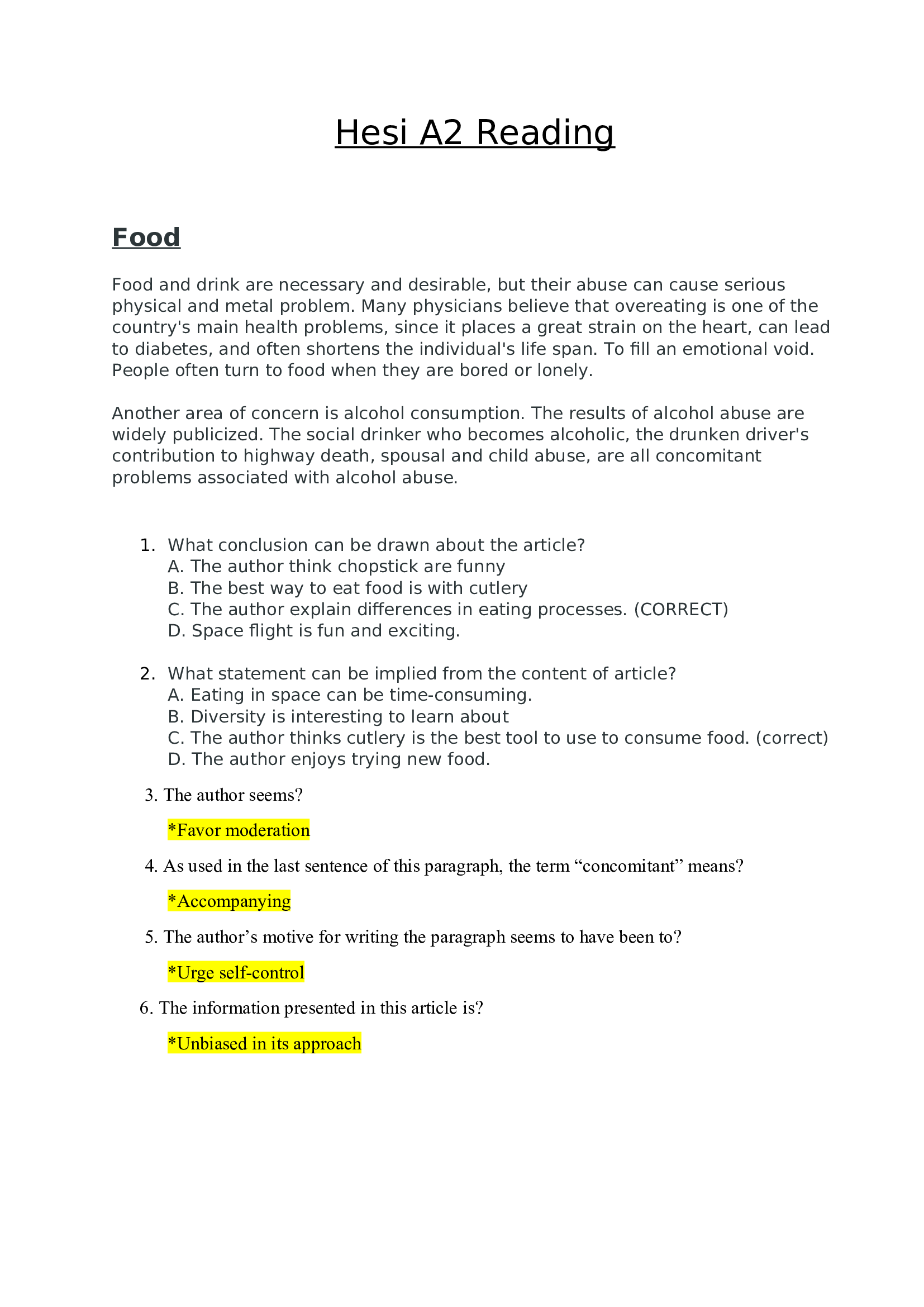 Hesi A2 Reading 2021 Questions Answers with Rationale