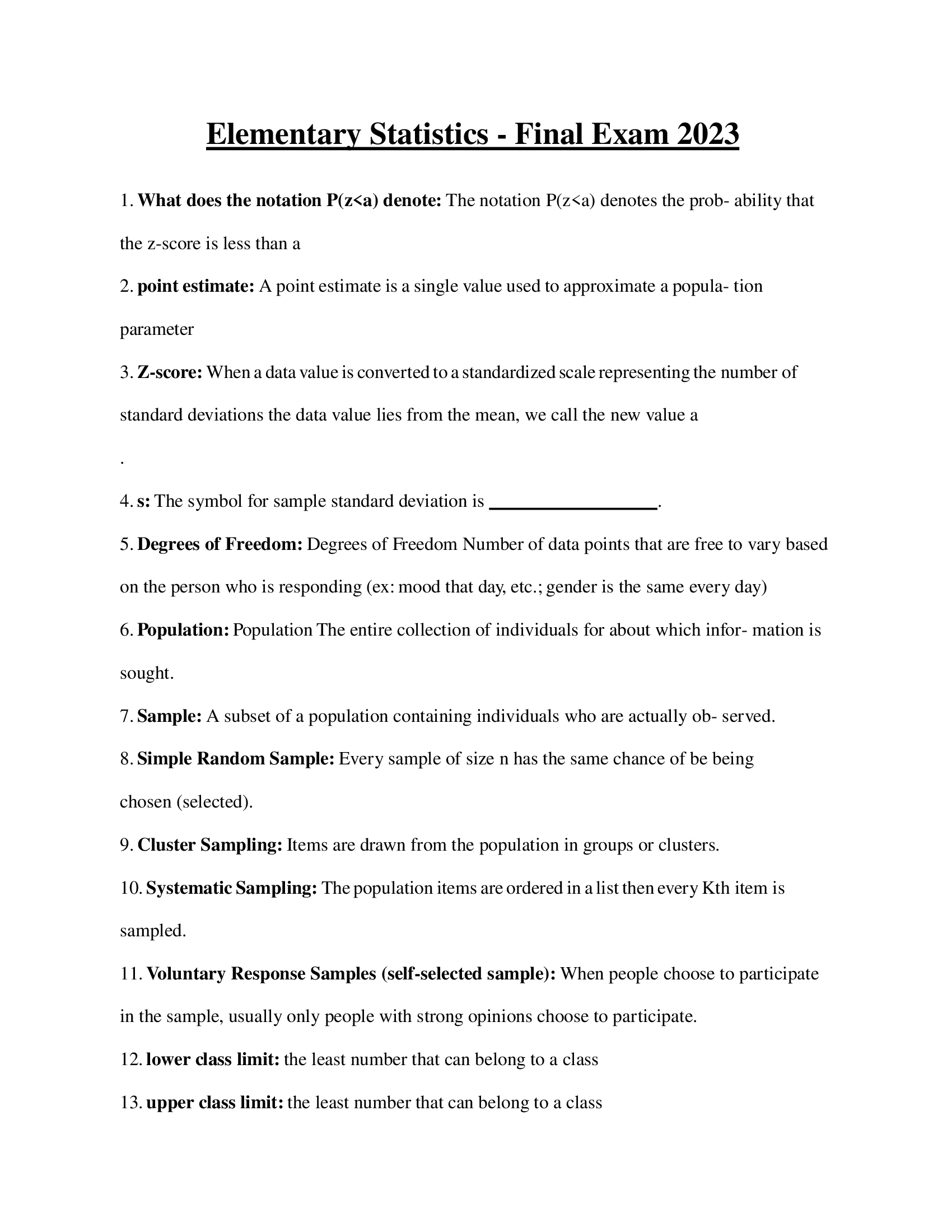 Elementary Statistics - Final Exam 2023