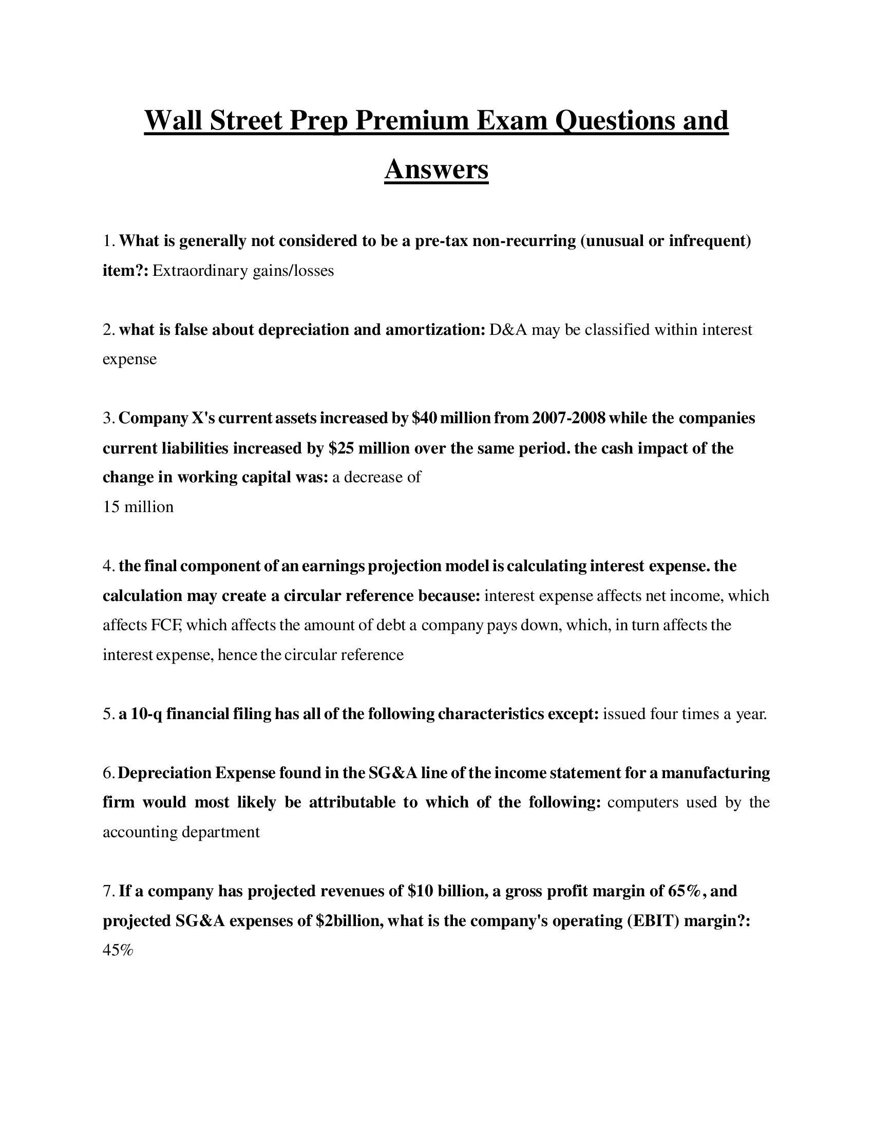 Wall Street Prep Premium Exam Questions and Answers 2023