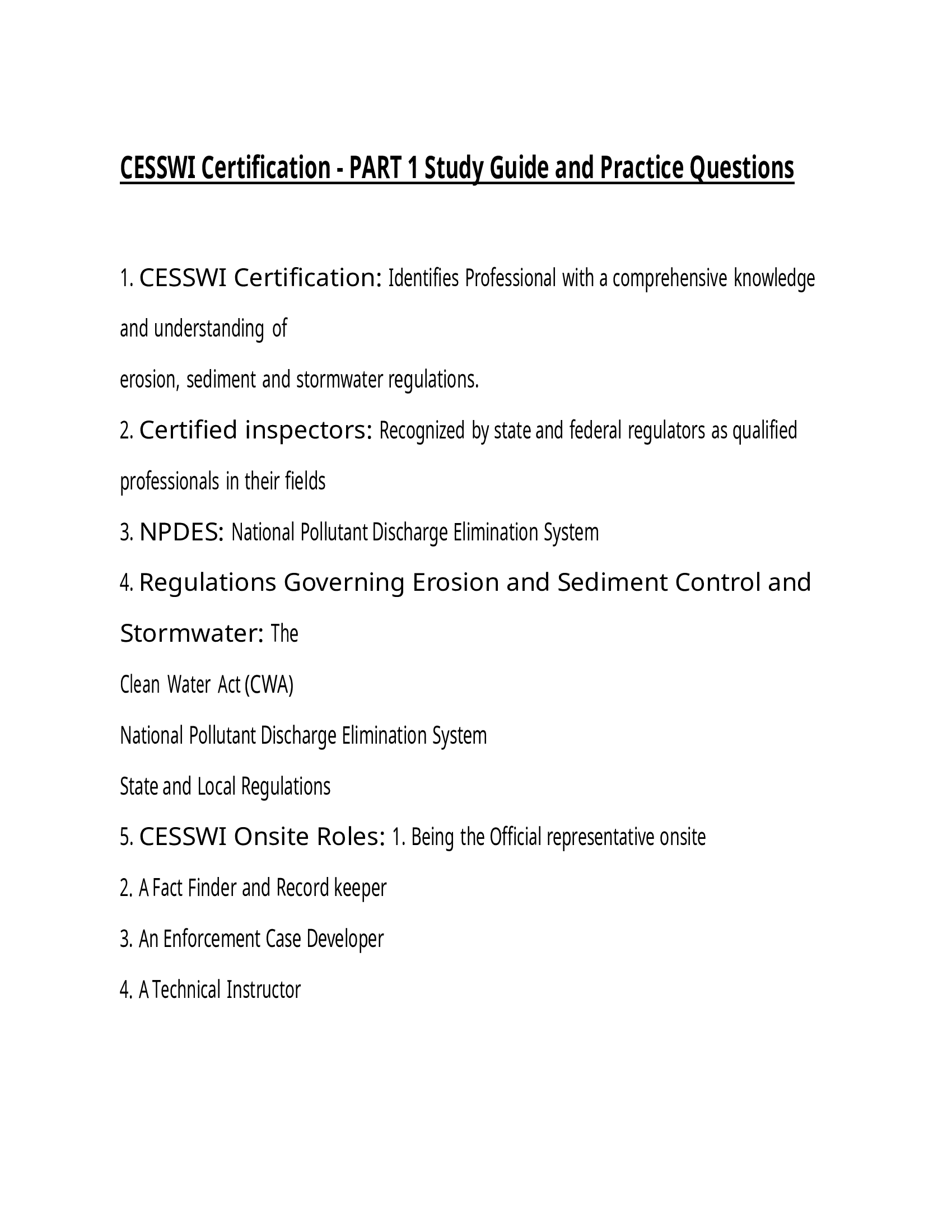 CESSWI Certification - PART 1 Study Guide and Practice Questions