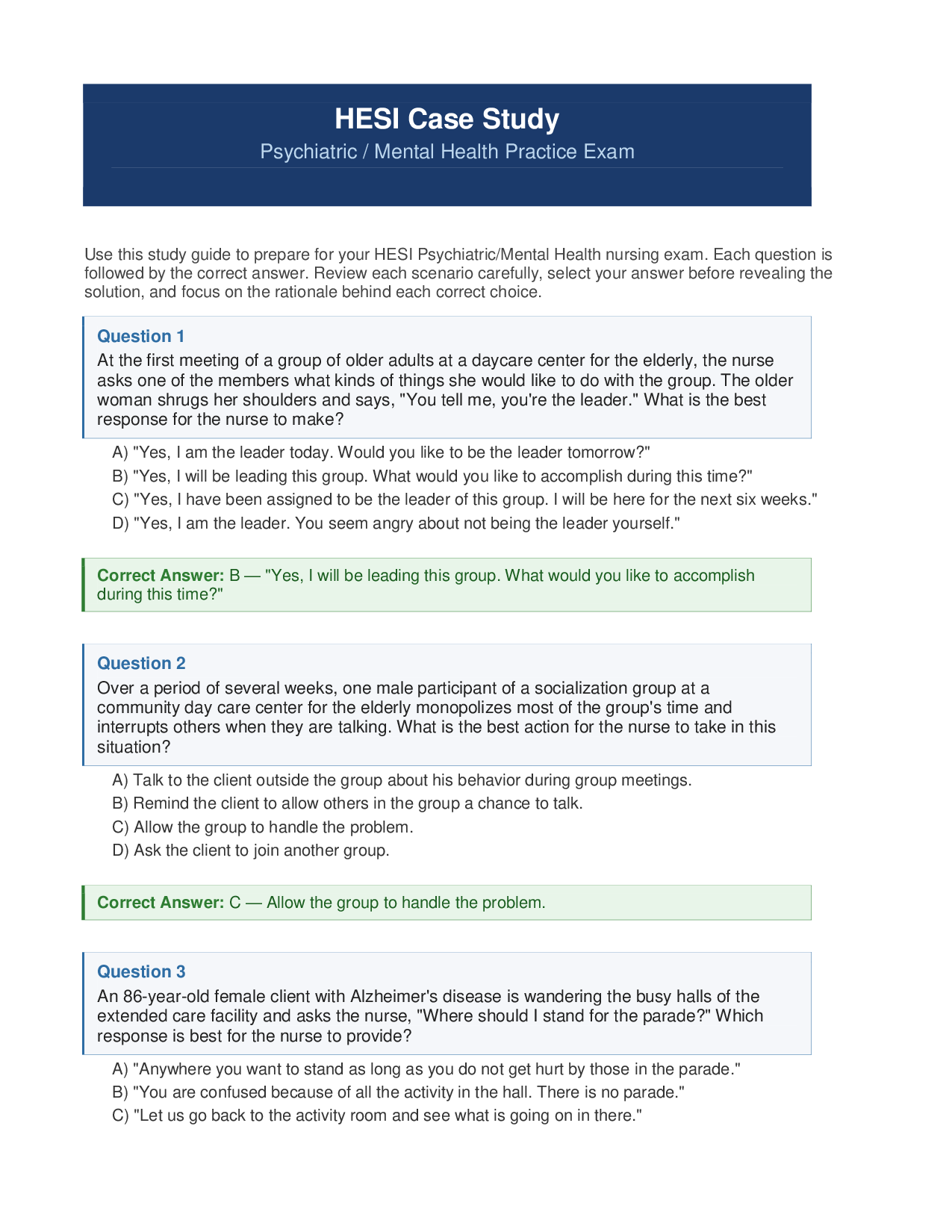 HESI Practice Exam: Psychiatric Mental Health Case Study | Complete Solution & Rationales