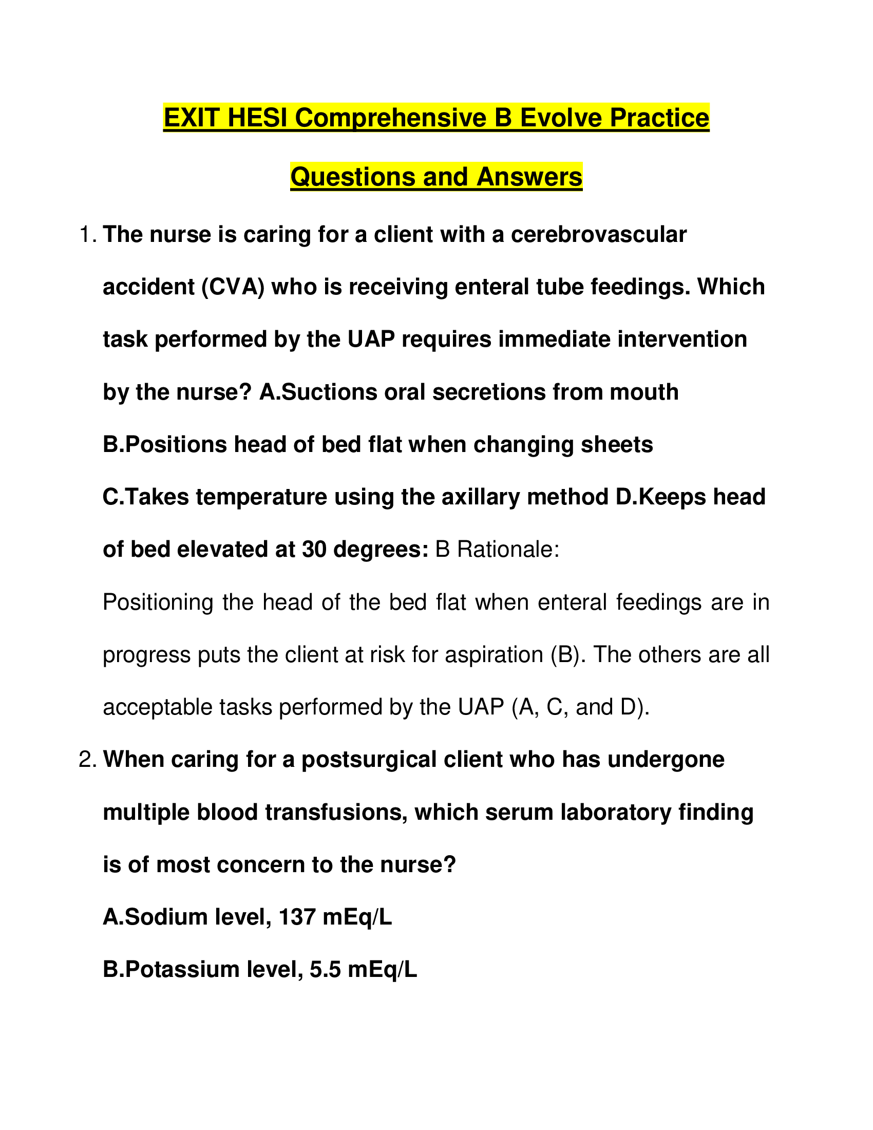 EXIT HESI Comprehensive B Evolve Practice Questions and Answers