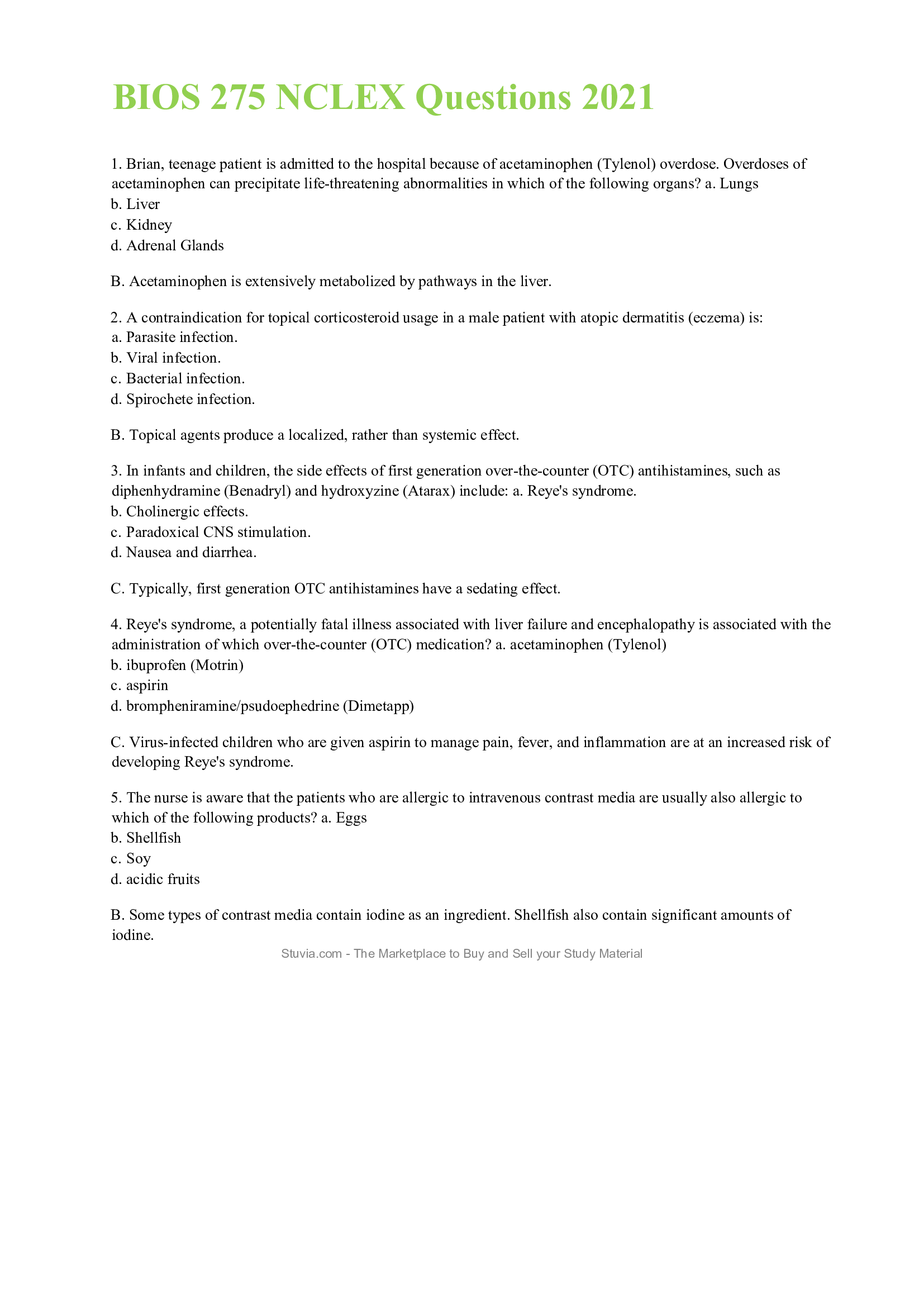 BIOS 275 NCLEX Questions 2021..