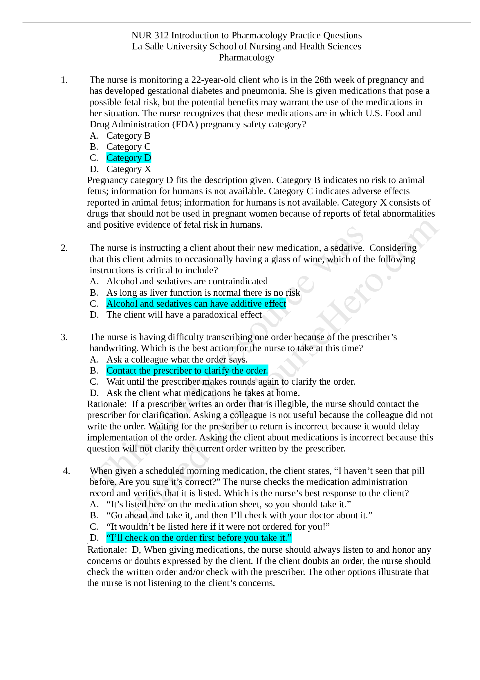 NUR 312  Introduction to Pharmacology Practice Questions highly graded