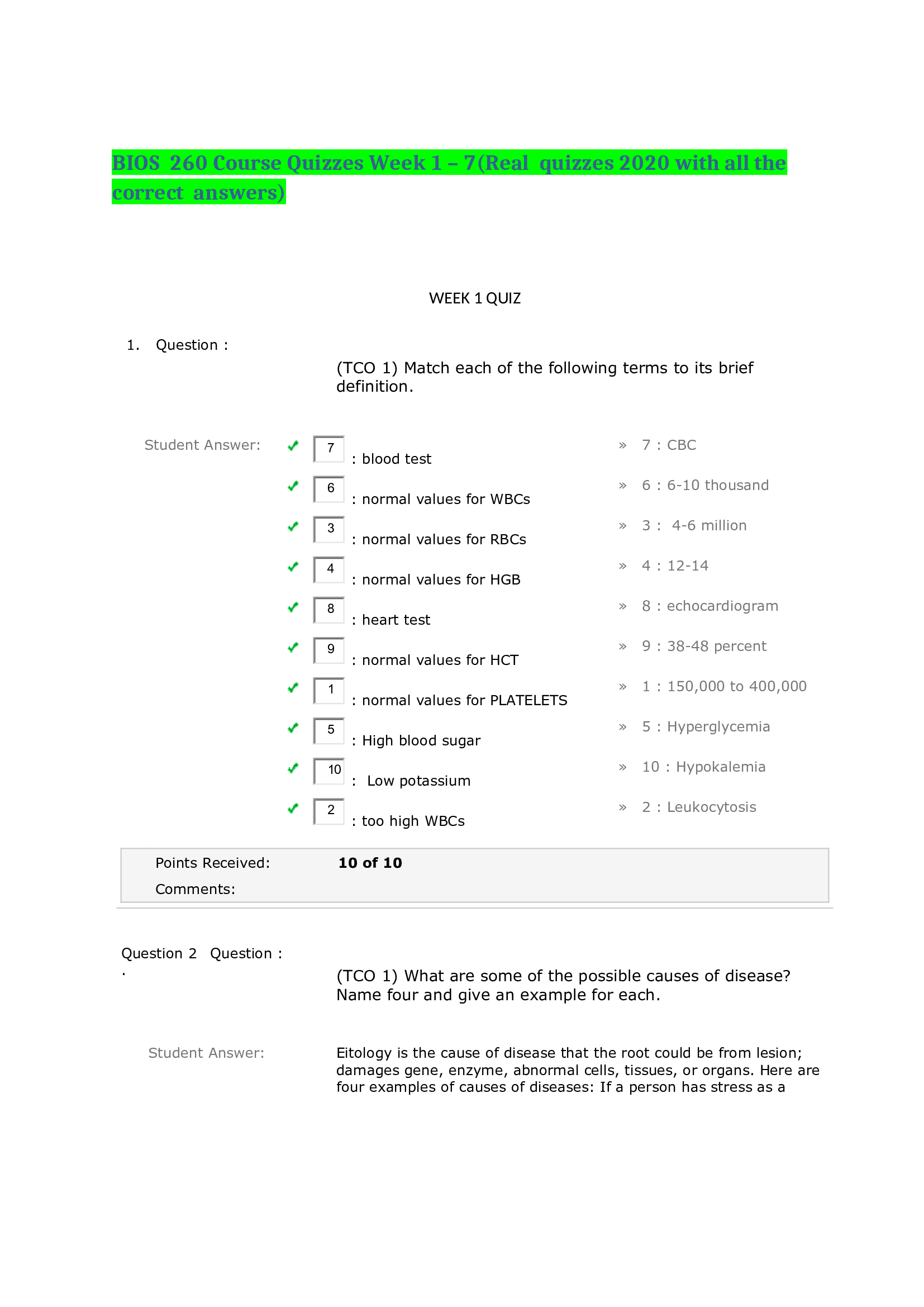 BIOS  260 Course Quizzes Week 1 – 7(Real  quizzes 2020 with all the correct answers