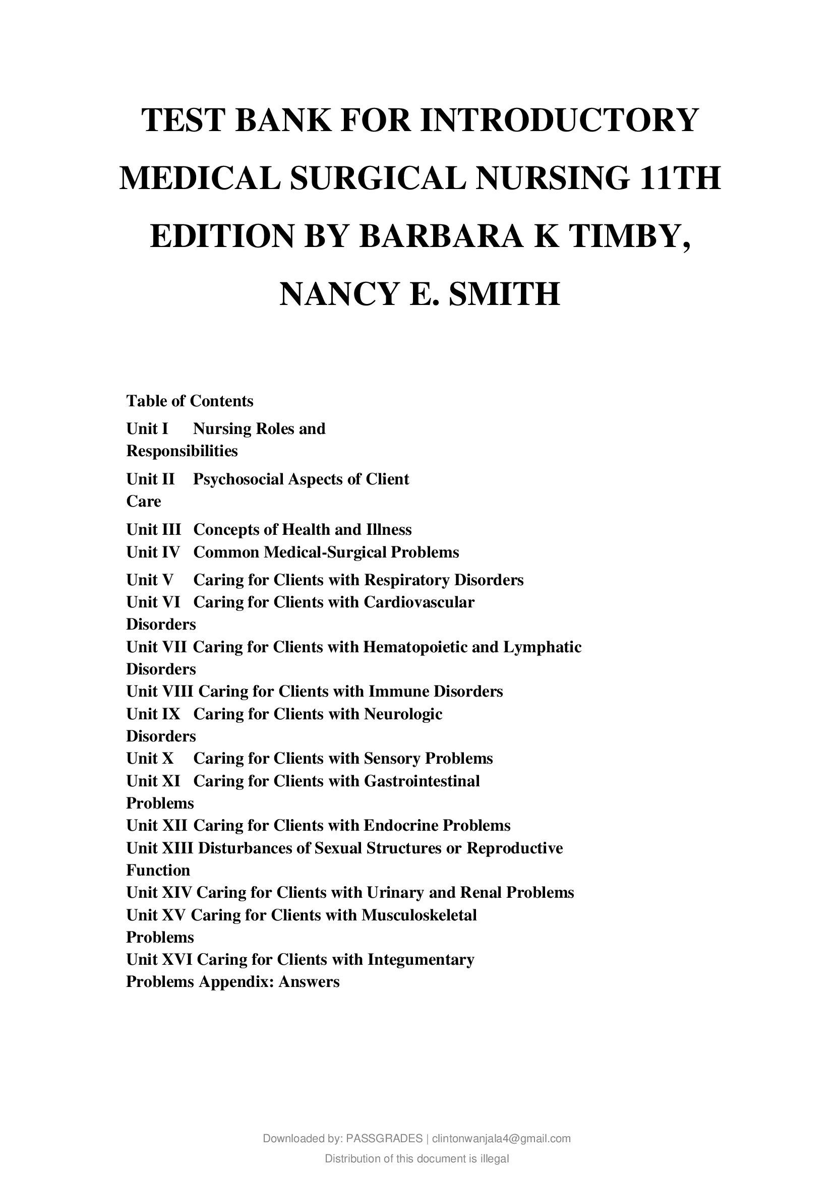 Test Bank for Introductory Medical surgical nursing 11th Edition by Timby Smith