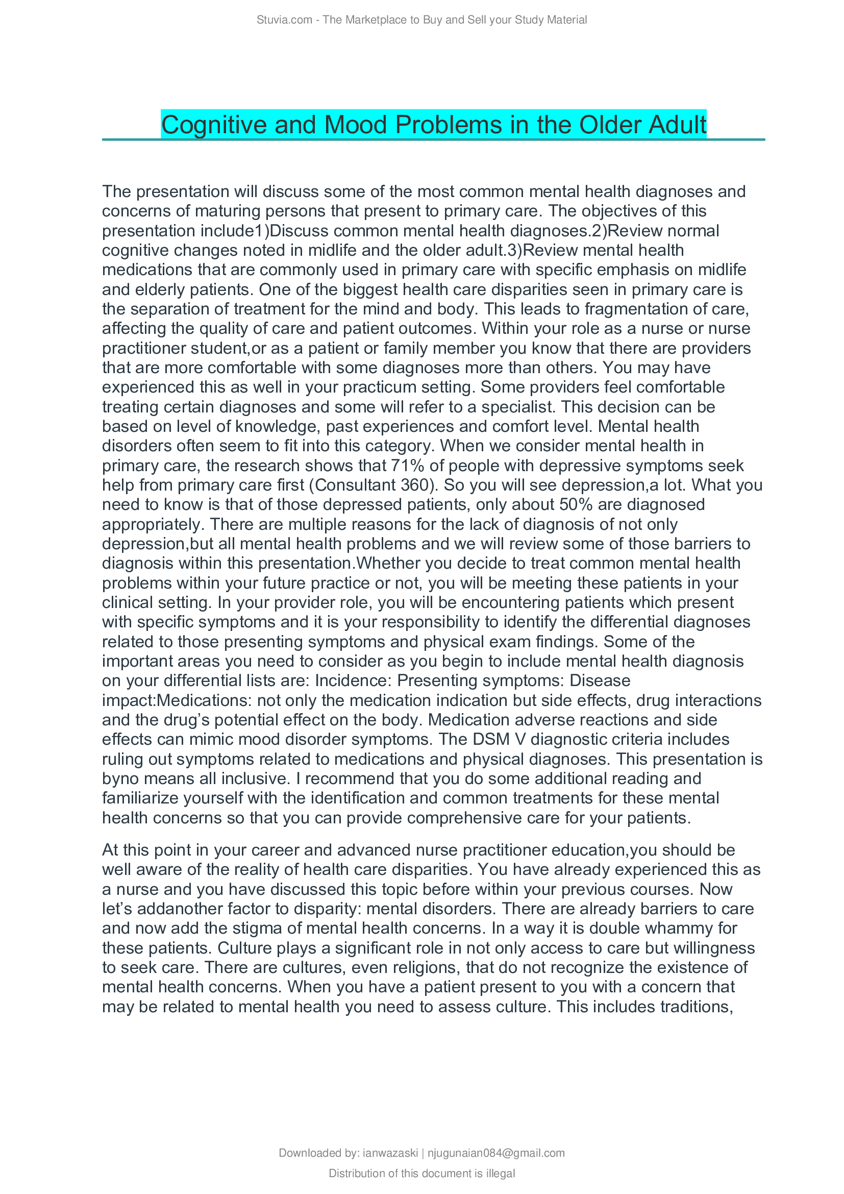 Cognitive and Mood Problems in the Older Adult