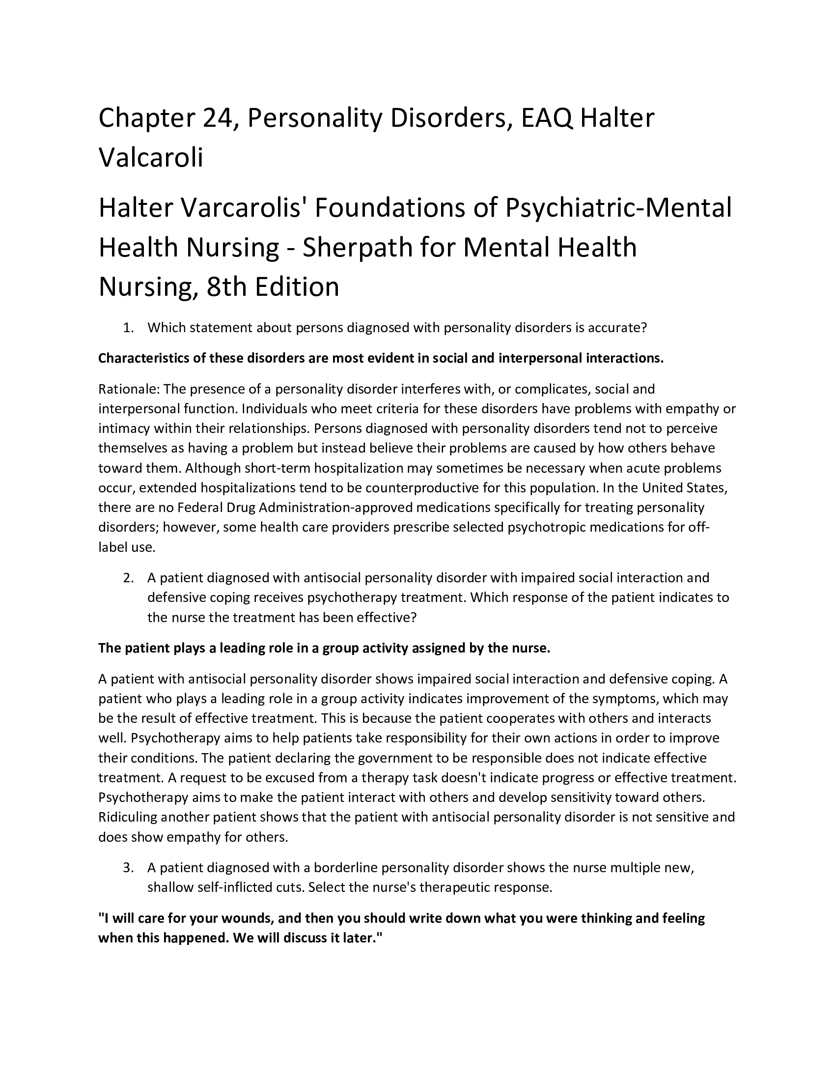 Chapter 24, Personality Disorders, EAQ Halter Valcaroli