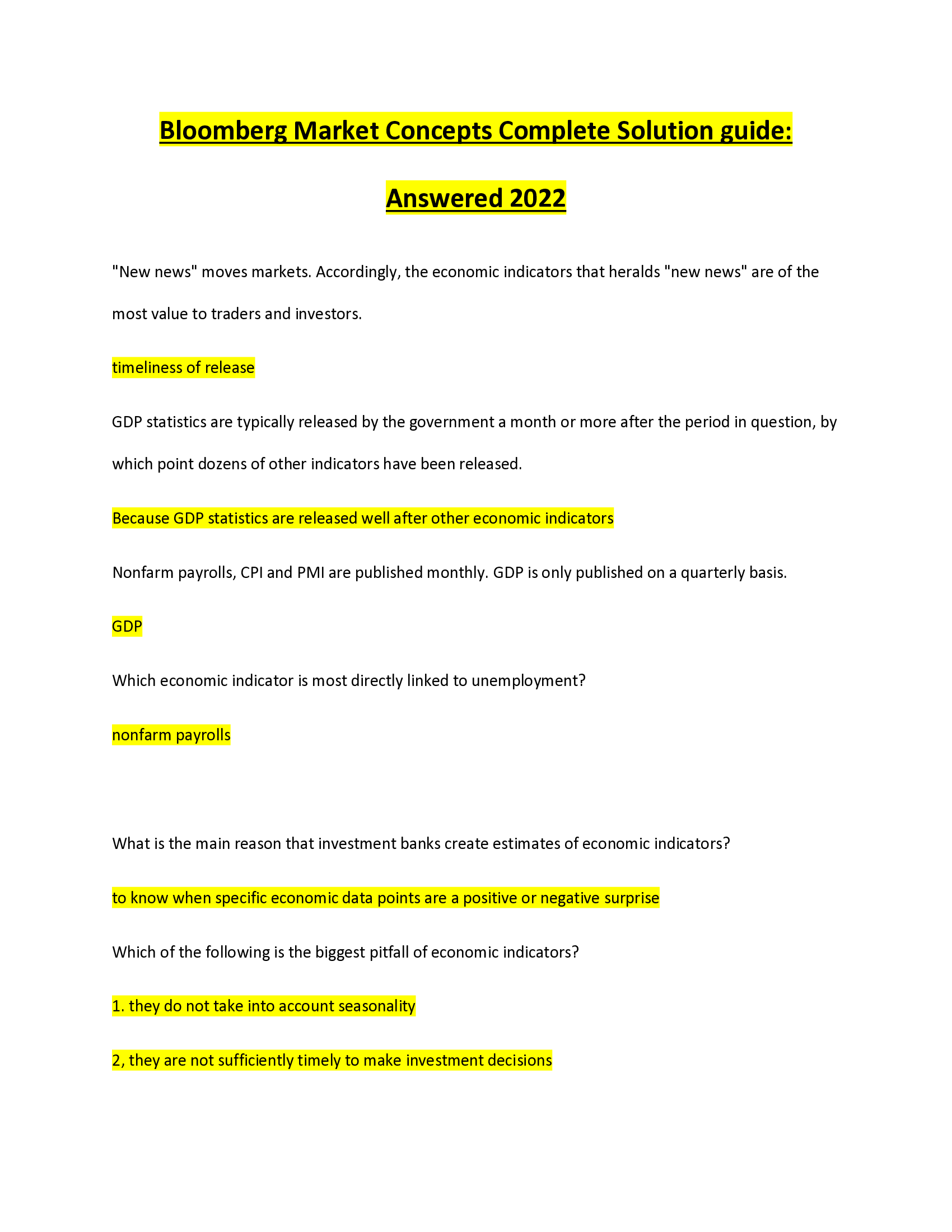 Bloomberg Market Concepts Complete Solution guide Latest 2022