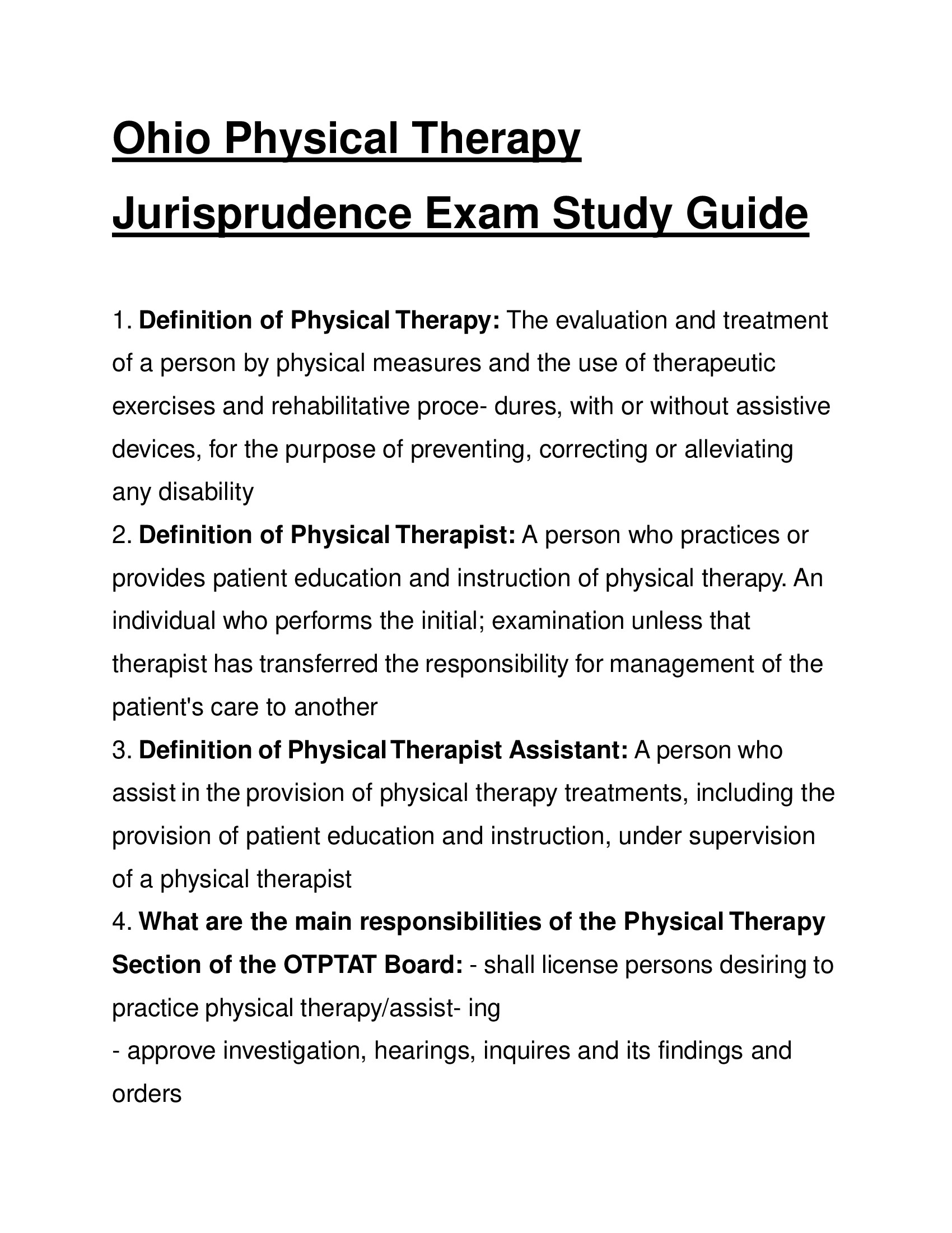 Ohio Physical Therapy Jurisprudence Exam Study Guide