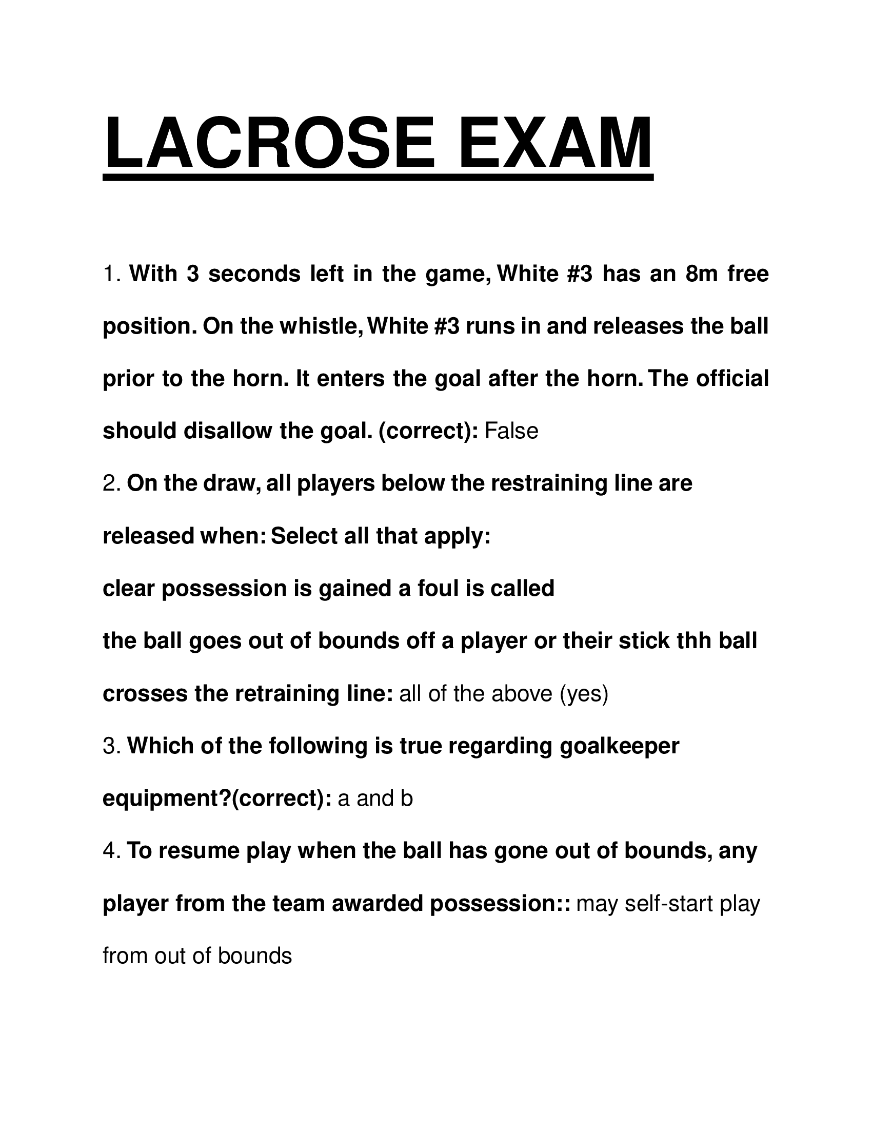 Lacrosse Rules Knowledge Exam – Comprehensive Answer Key for Officials and Coaches (USA, 2026)
