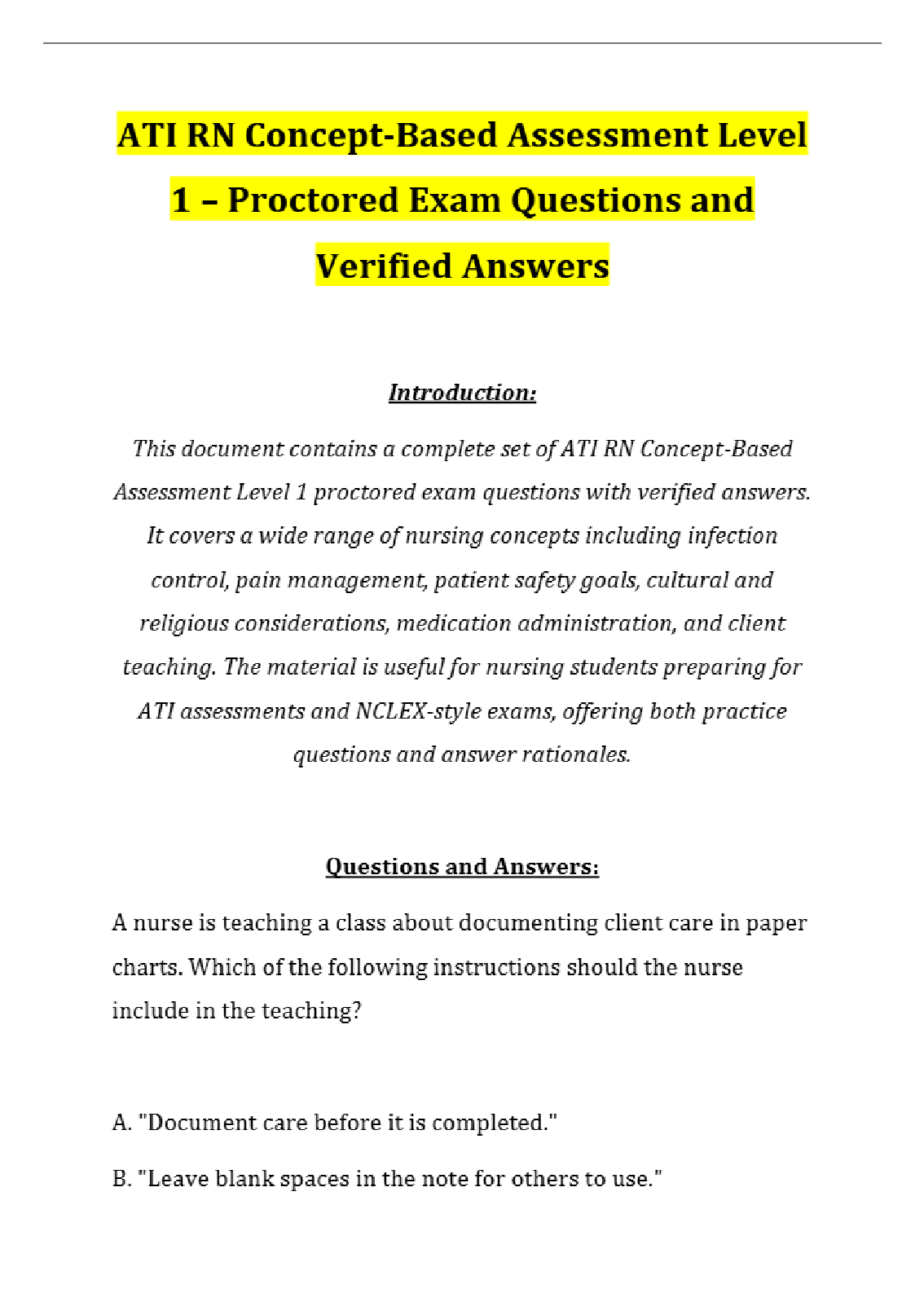 ATI RN Concept-Based Assessment Level 1 – Proctored Exam Questions and Verified Answers-All Chapters