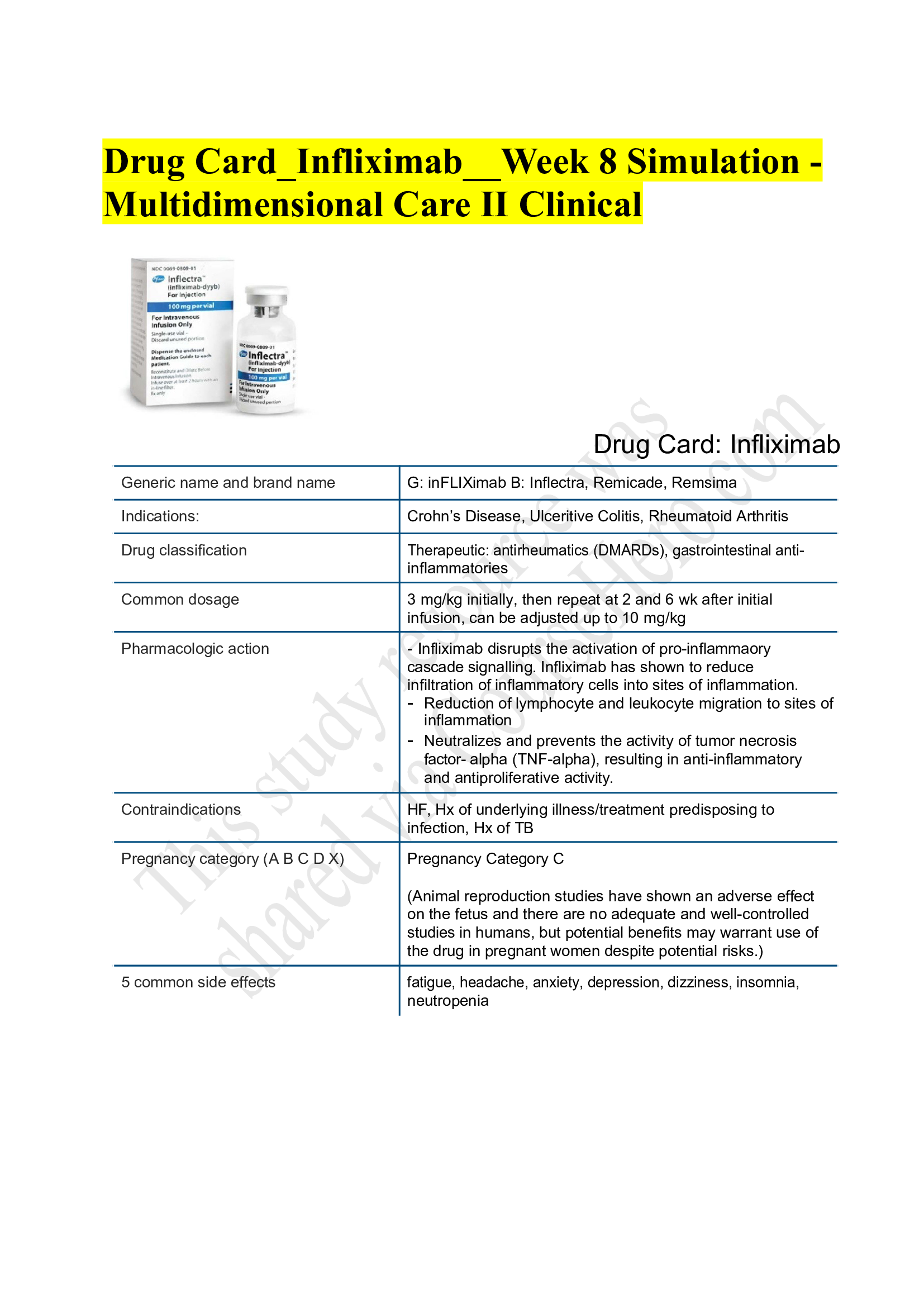 Drug Card Infliximab Week 8 Simulation: Multidimensional Care II Clinical