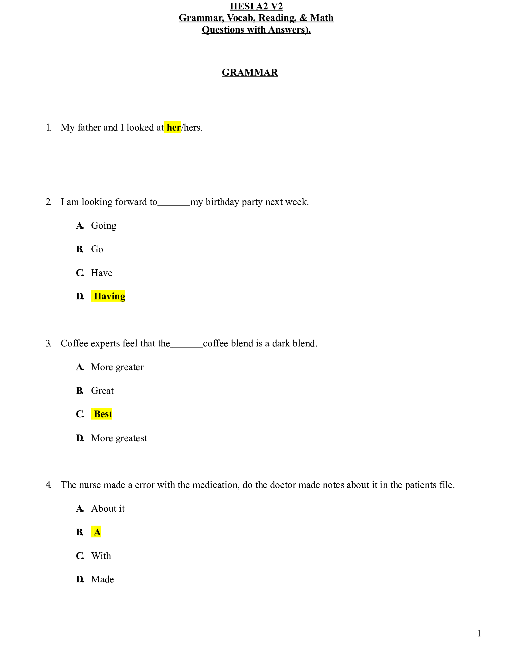 HESI A2 Version 2 Grammar Vocab Reading Math Study Guide