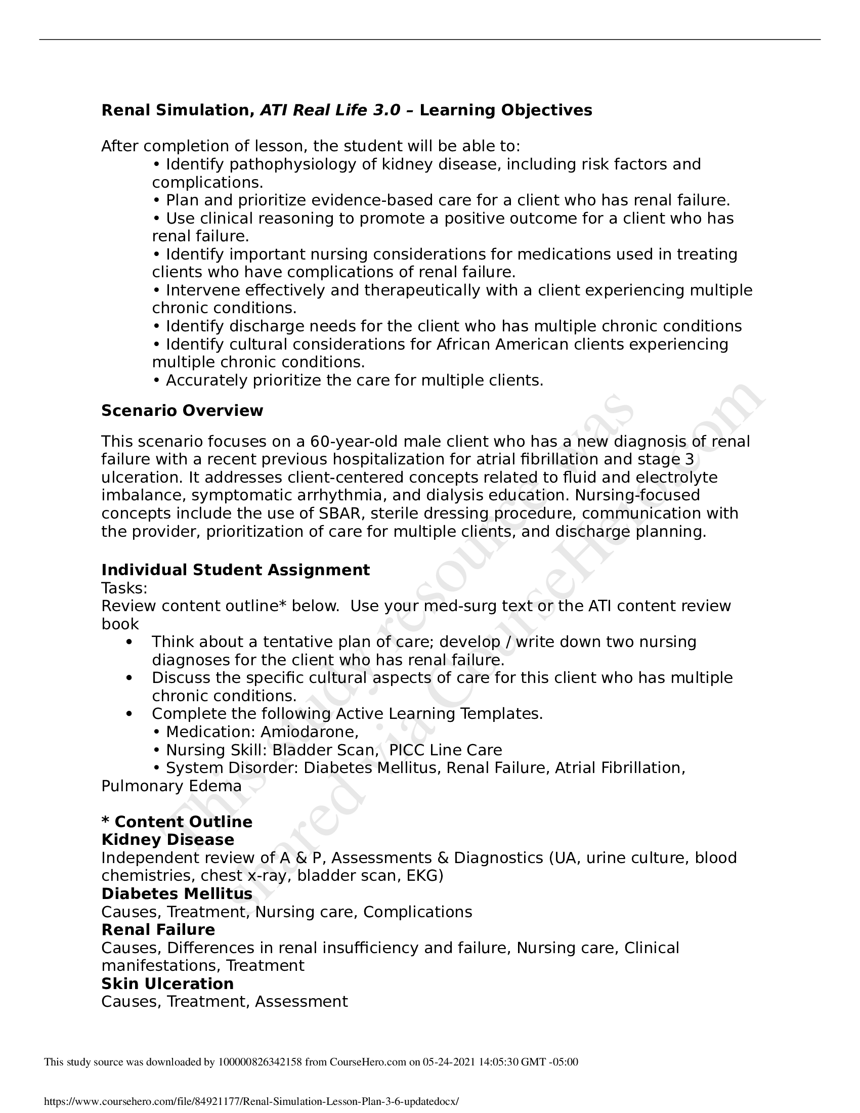 Renal Simulation, ATI Real Life 3.0 – Learning Objectives