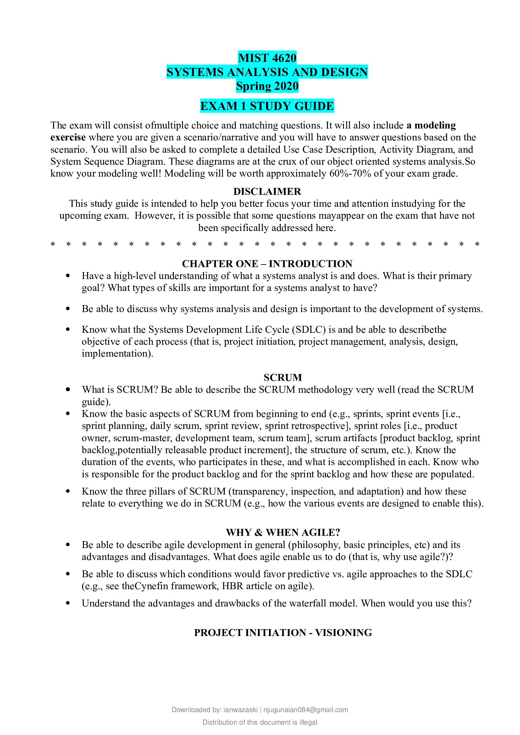 MIST 4620 SYSTEMS ANALYSIS AND DESIGN Spring 2020  EXAM 1 STUDY GUIDE(working 100%)