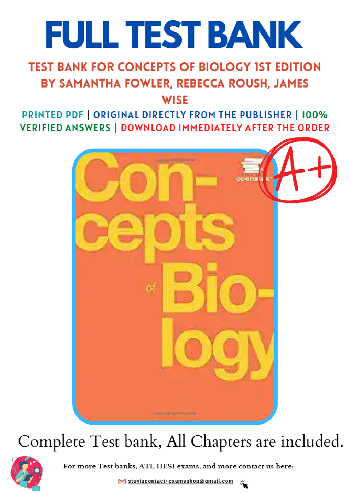 Test Bank For Concepts of Biology 1st Edition by Samantha Fowler, Rebecca Roush, James Wise 9781938168116 Chapter 1-21 Complete Guide-All Chapters