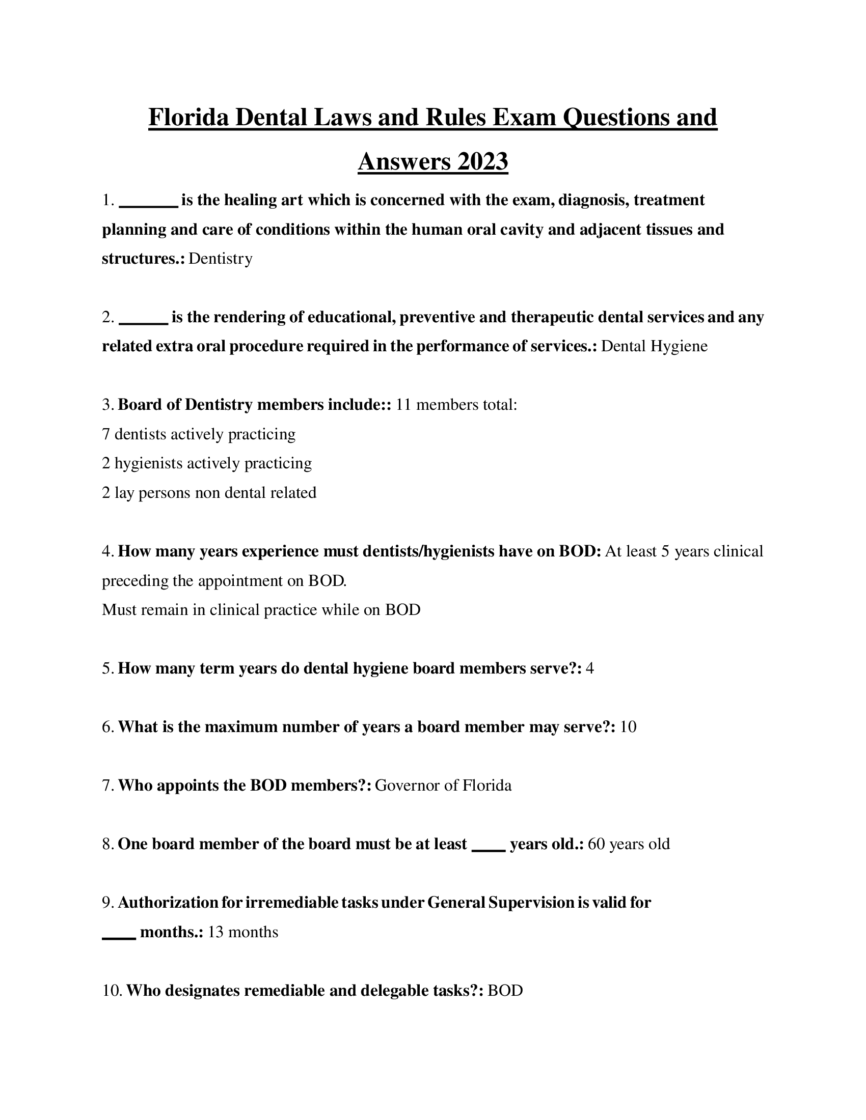 Florida Dental Laws and Rules Exam Questions and Answers 2023
