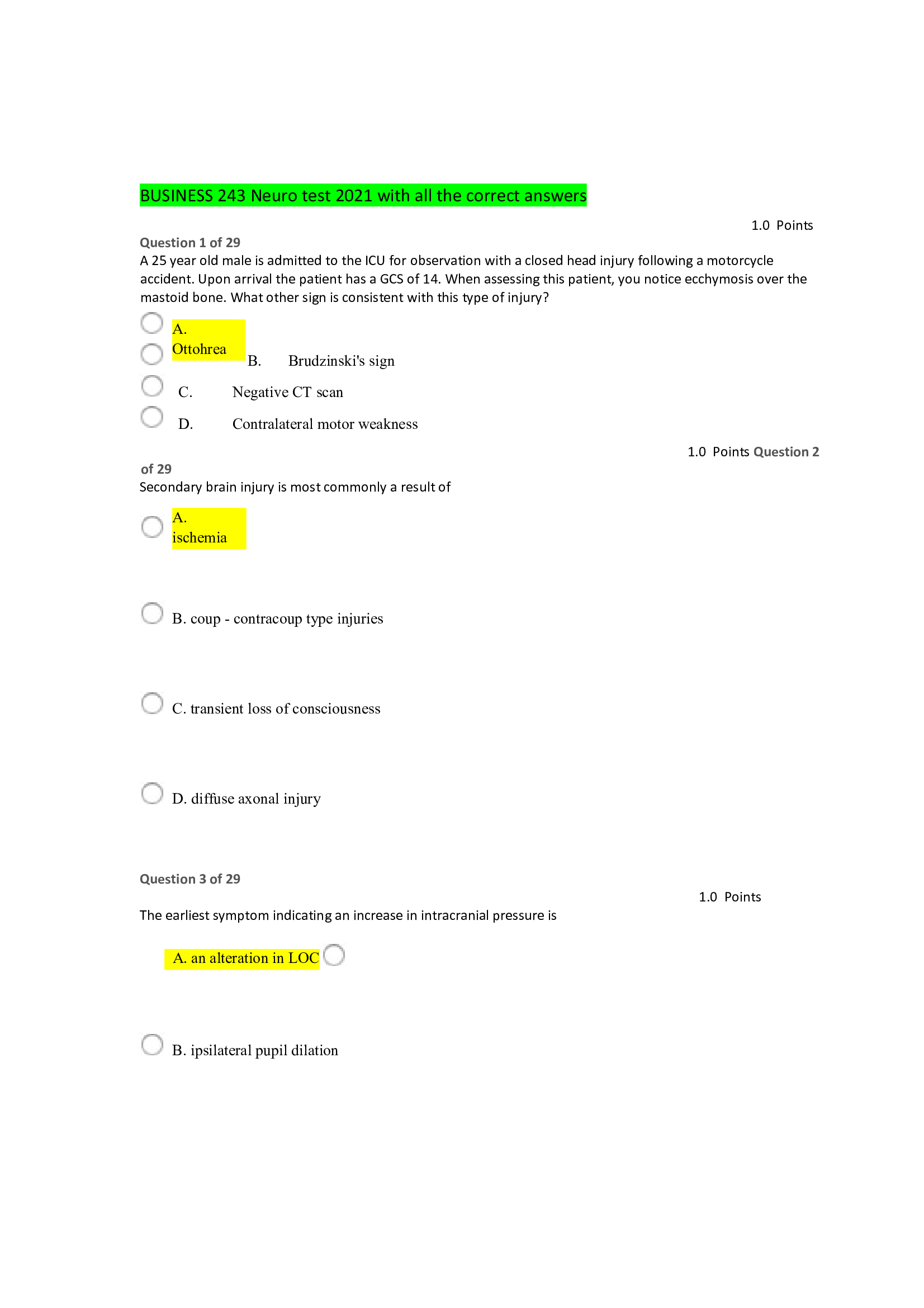 BUSINESS 243 Neuro test 2020 with all the correct answers