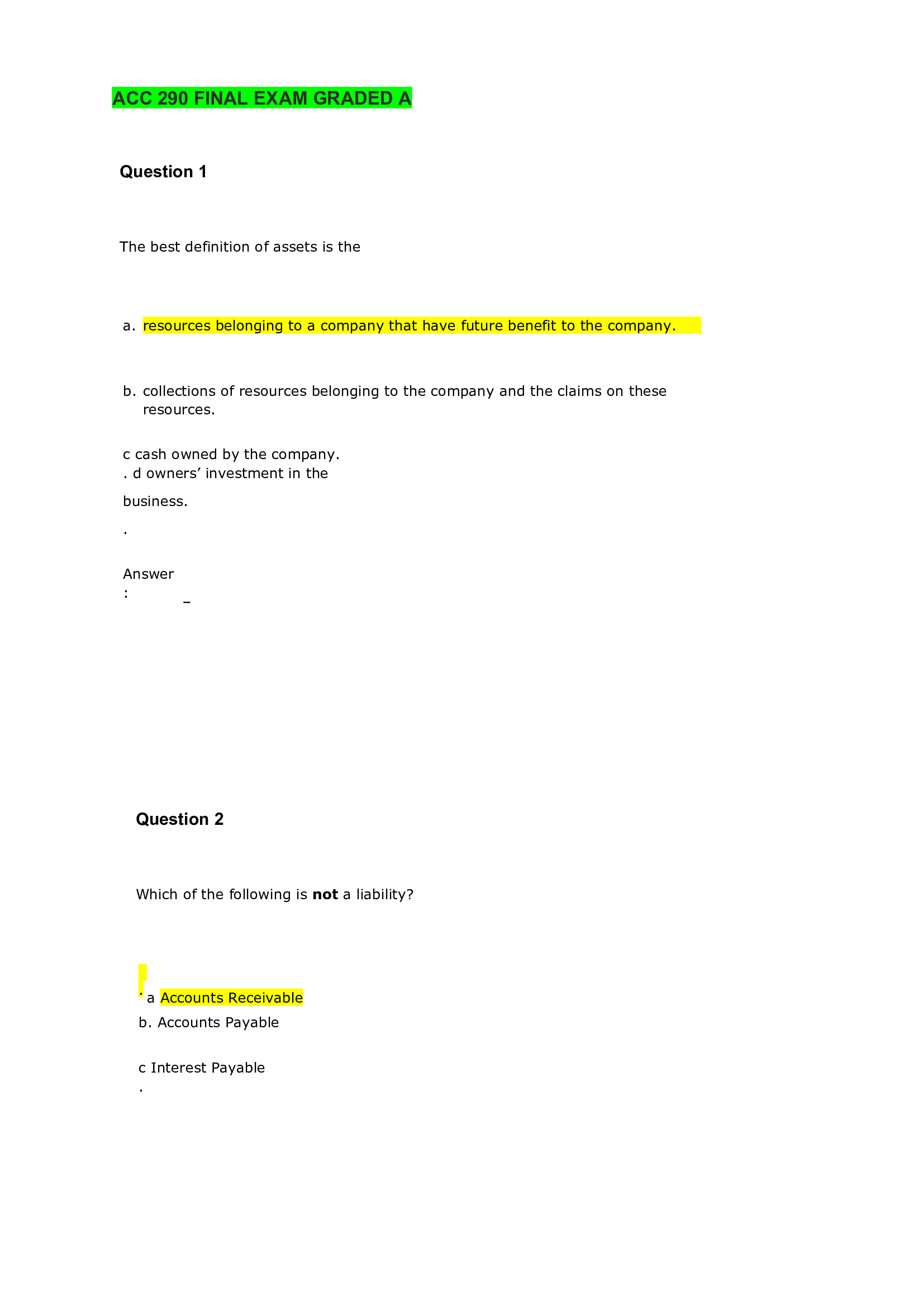 ACC 290 FINAL EXAM GRADED A 2021..