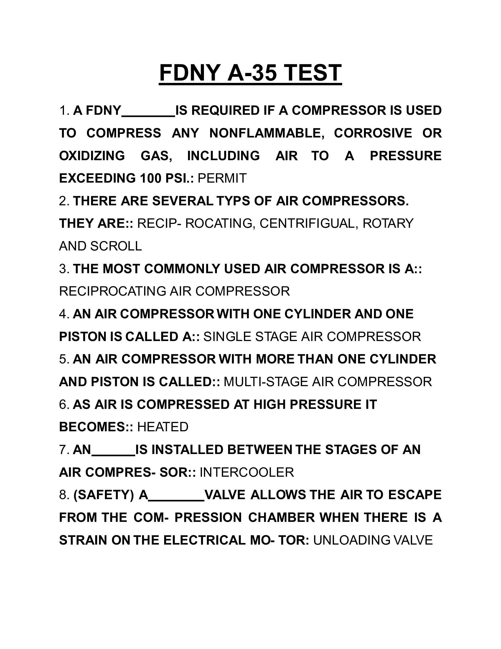 FDNY A-35 Test, Fire Department of New York, Practice Questions with Answers