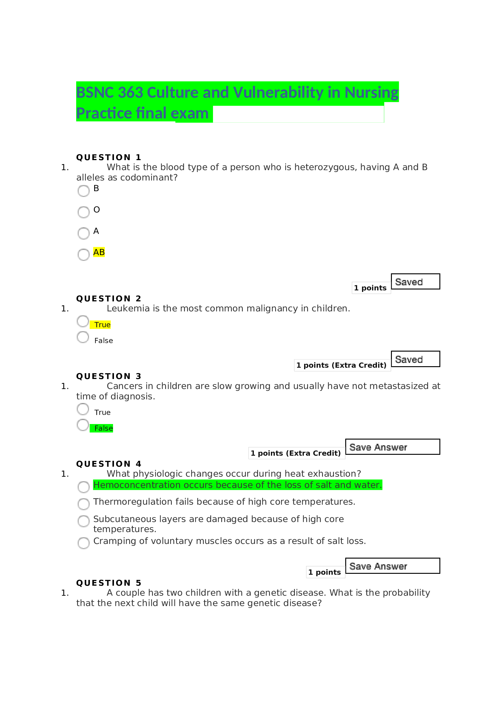 BSNC 363 Culture and Vulnerability in Nursing Practice final exam answers 2023