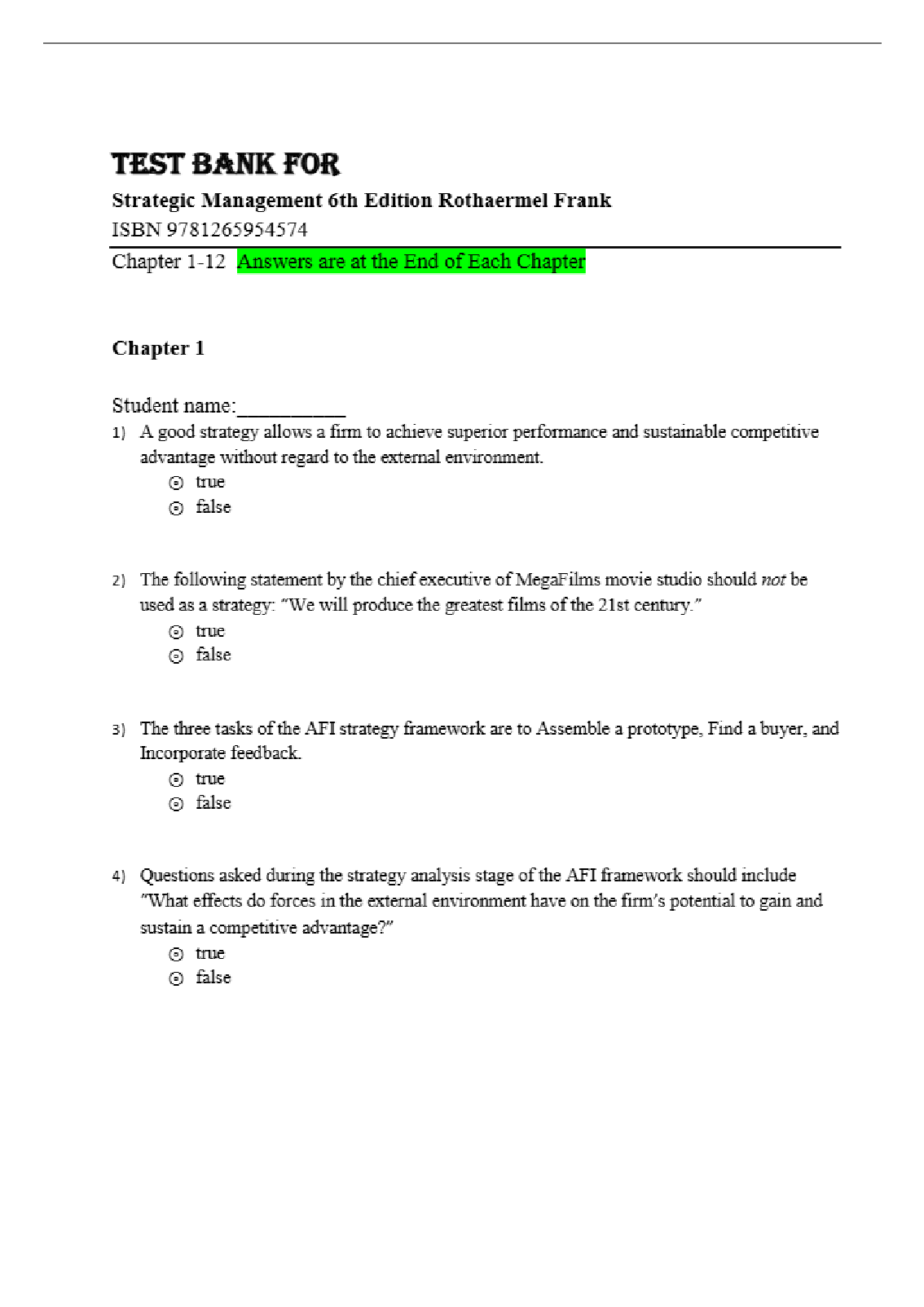 TEST BANK For Strategic Management, 6th Edition 2024 By Rothaermel Frank, Verified Chapters 1 - 12, Complete Newest Version-All Chapters