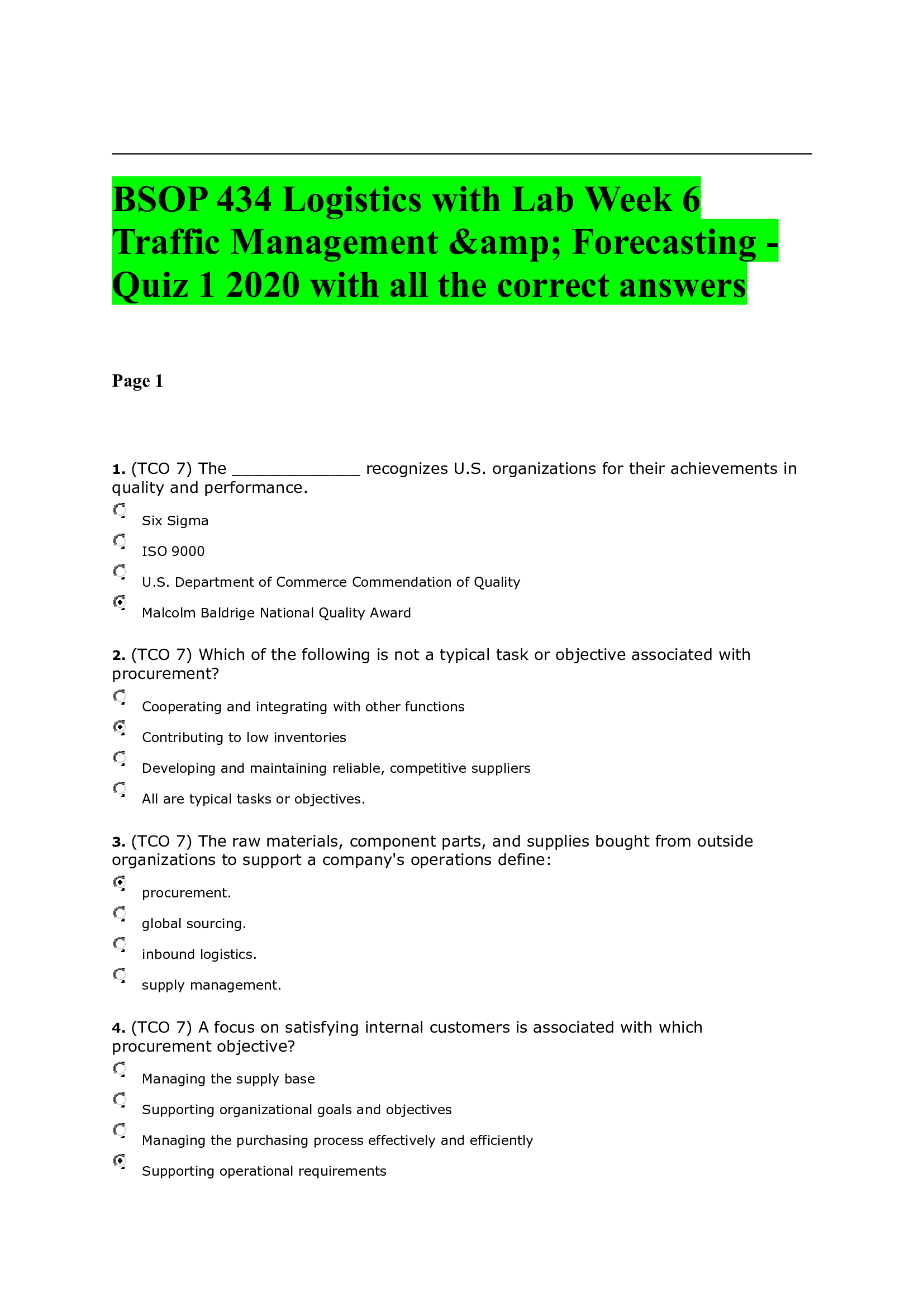 BSOP 434 Logistics with Lab Week 6 Traffic Management &amp; Forecasting - Quiz 1 2020 with all the correct answers