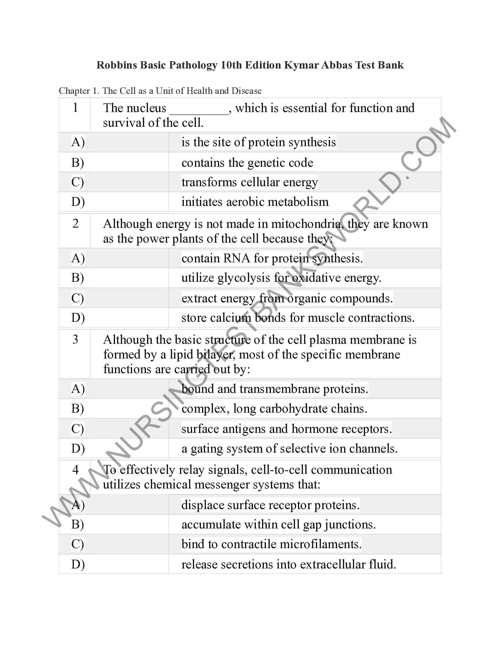 Robbins Basic Pathology 10th Edition Kymar Abbas Test Bank