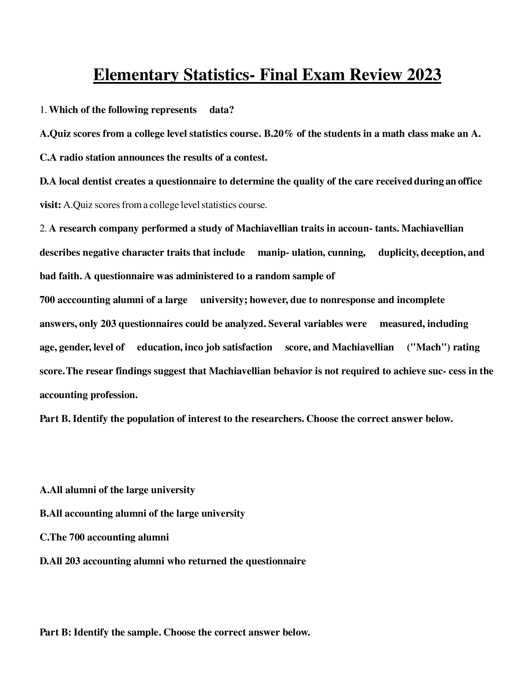 Elementary Statistics- Final Exam Review 2023