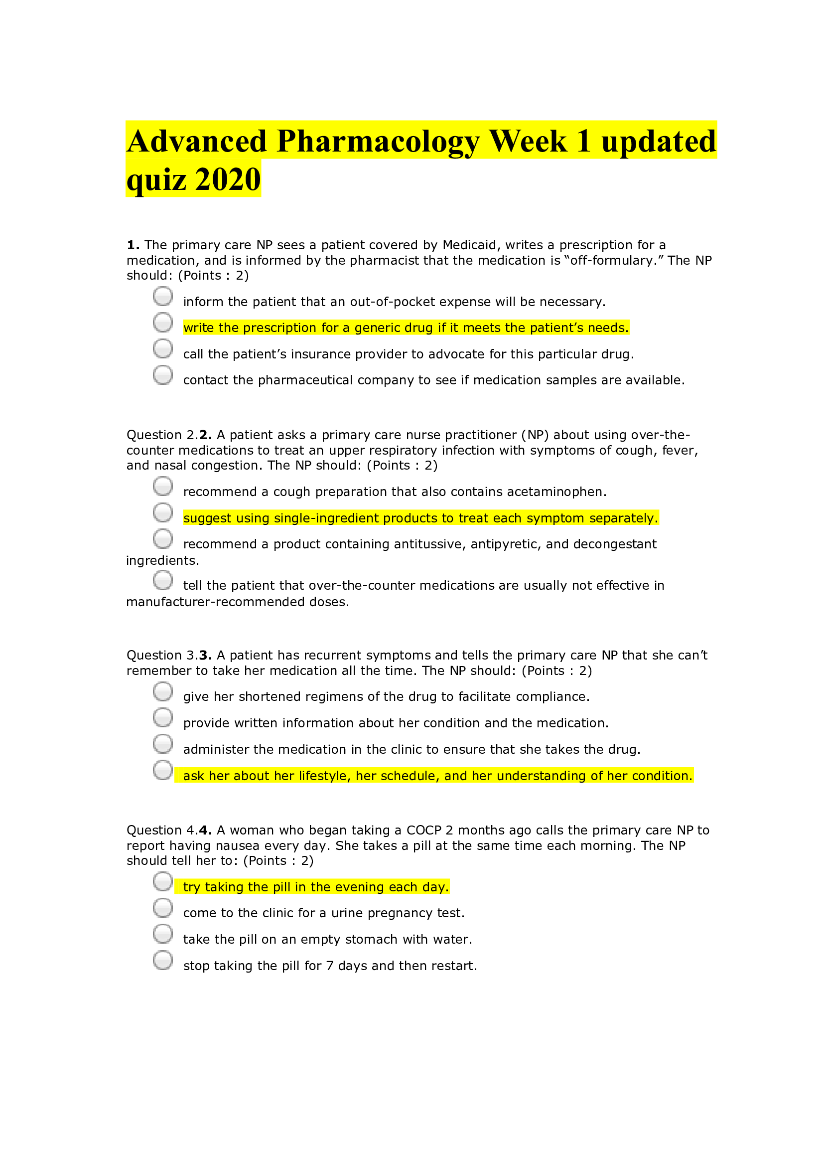 Advanced Pharmacology Week 1 updated quiz 2020