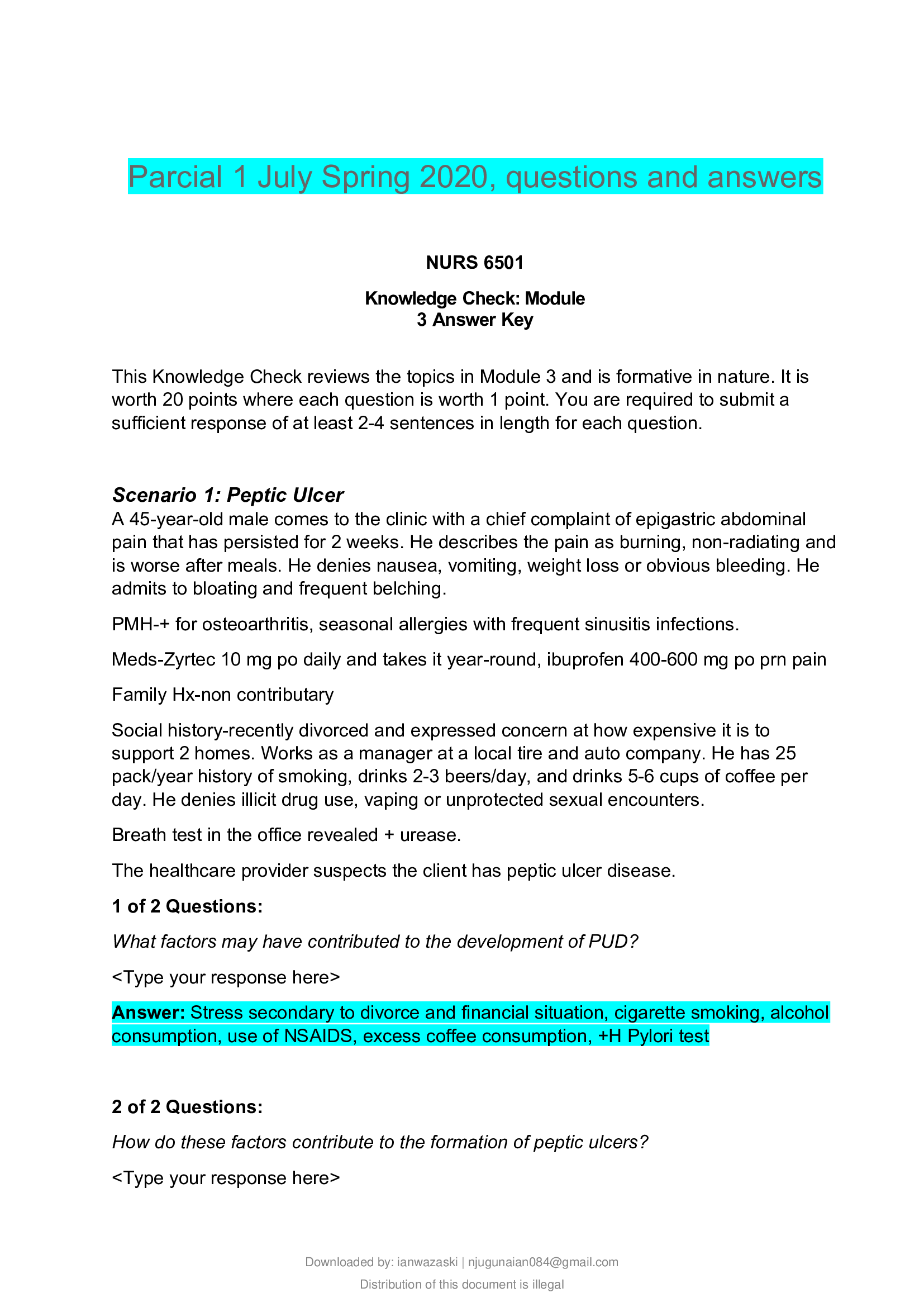 Parcial 1 July Spring 2021, questions and answers    NURS 6501 Knowledge Check; Module 3 Answer Key