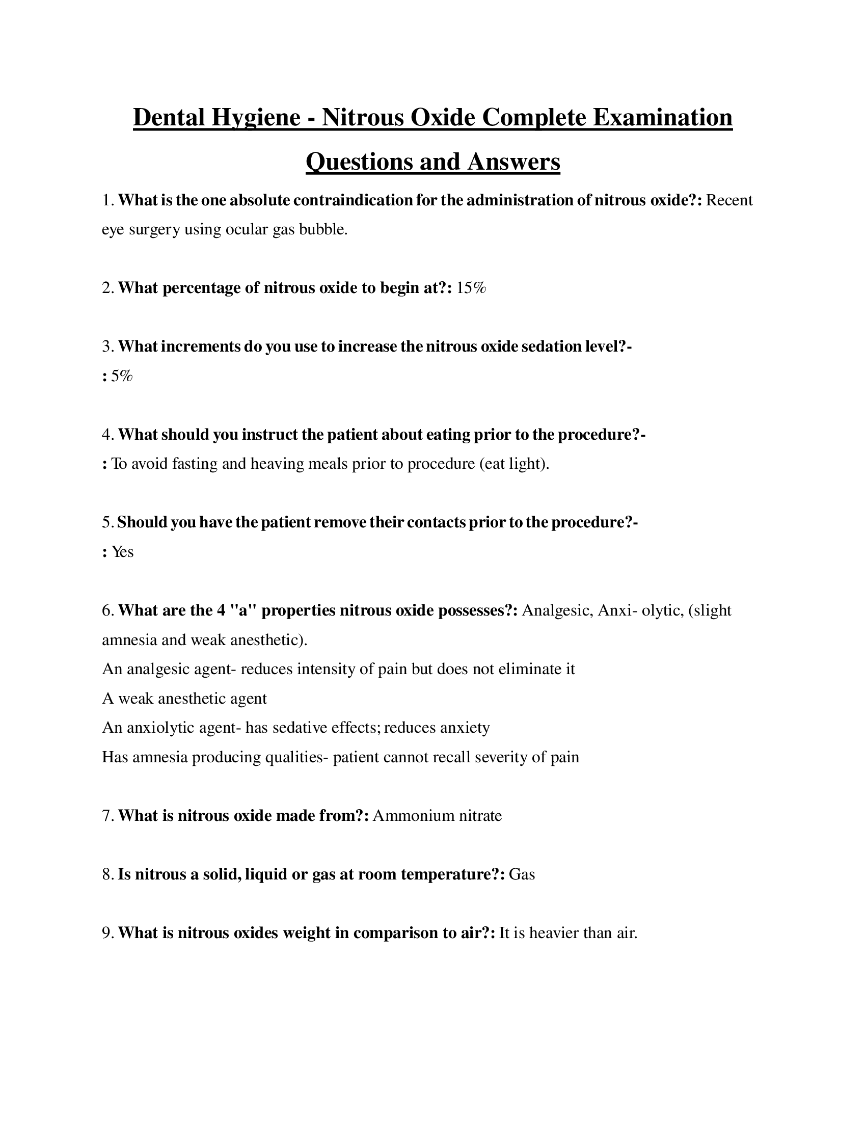 Dental Hygiene - Nitrous Oxide Complete Examination Questions and Answers 2023