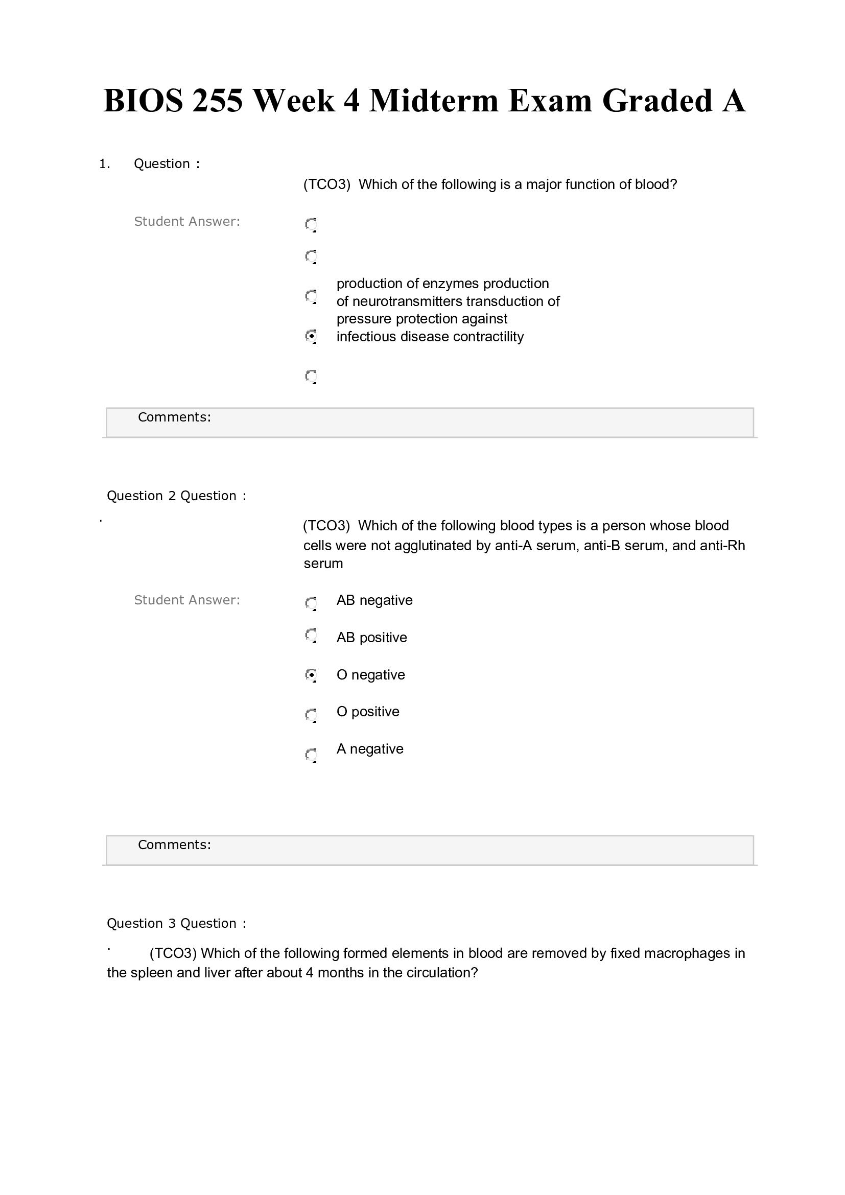 BIOS 255 Week 4 Midterm Exam Graded A..