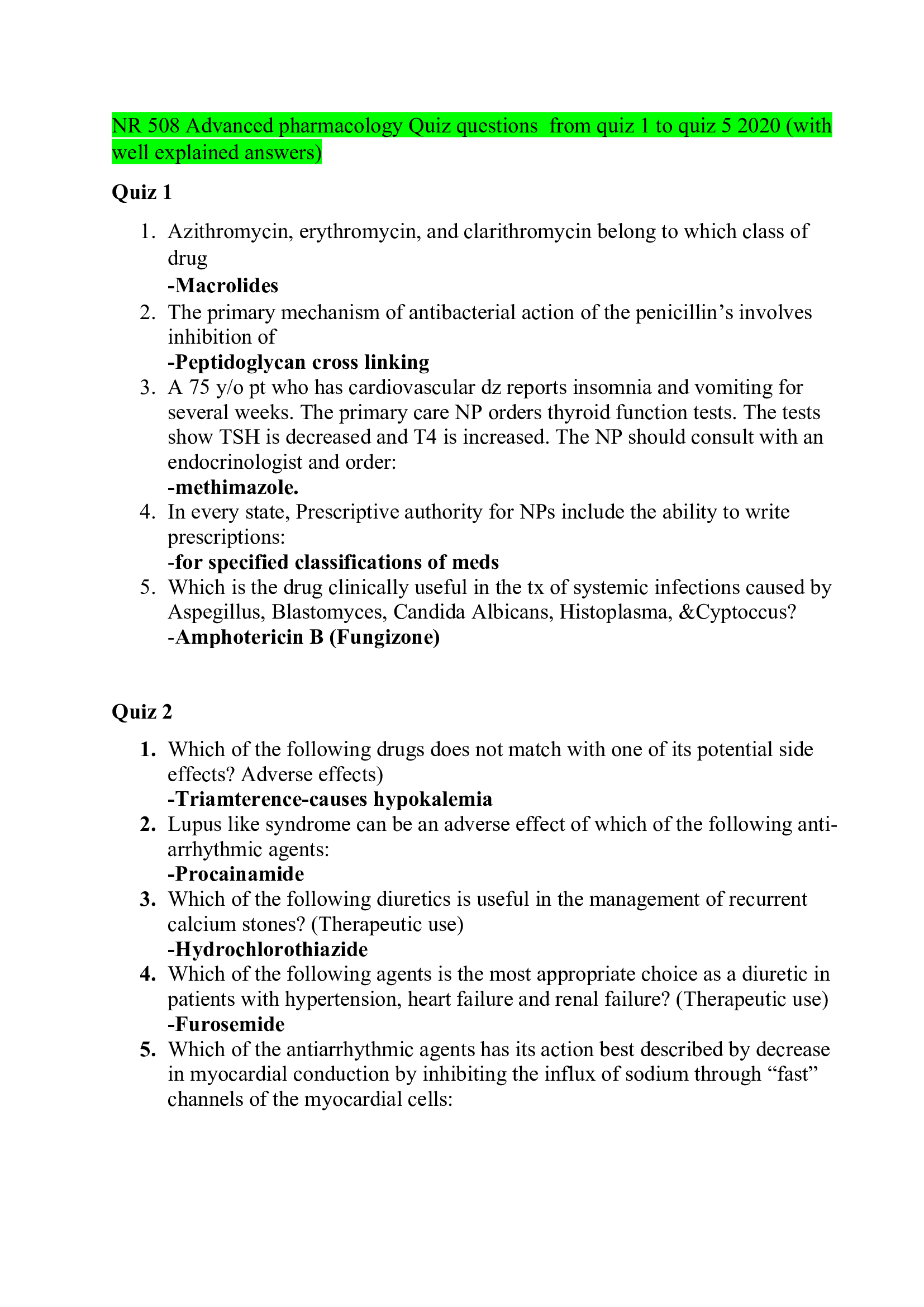 NR 508 Advanced pharmacology Quiz questions  from quiz 1 to quiz 5 2020 (with well explained answers)