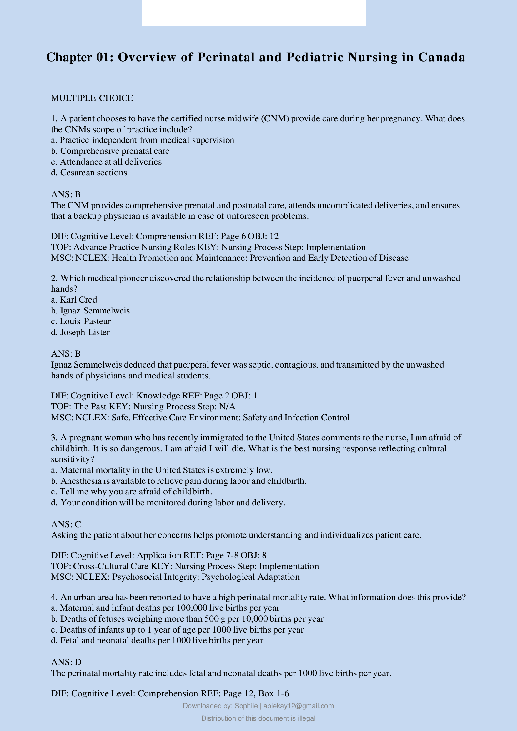 TEST BANK FOR LEIFER’S INTRODUCTION TO MATERNITY AND PEDIATRIC NURSING IN CANADA 1ST EDITION BY LEIFER..